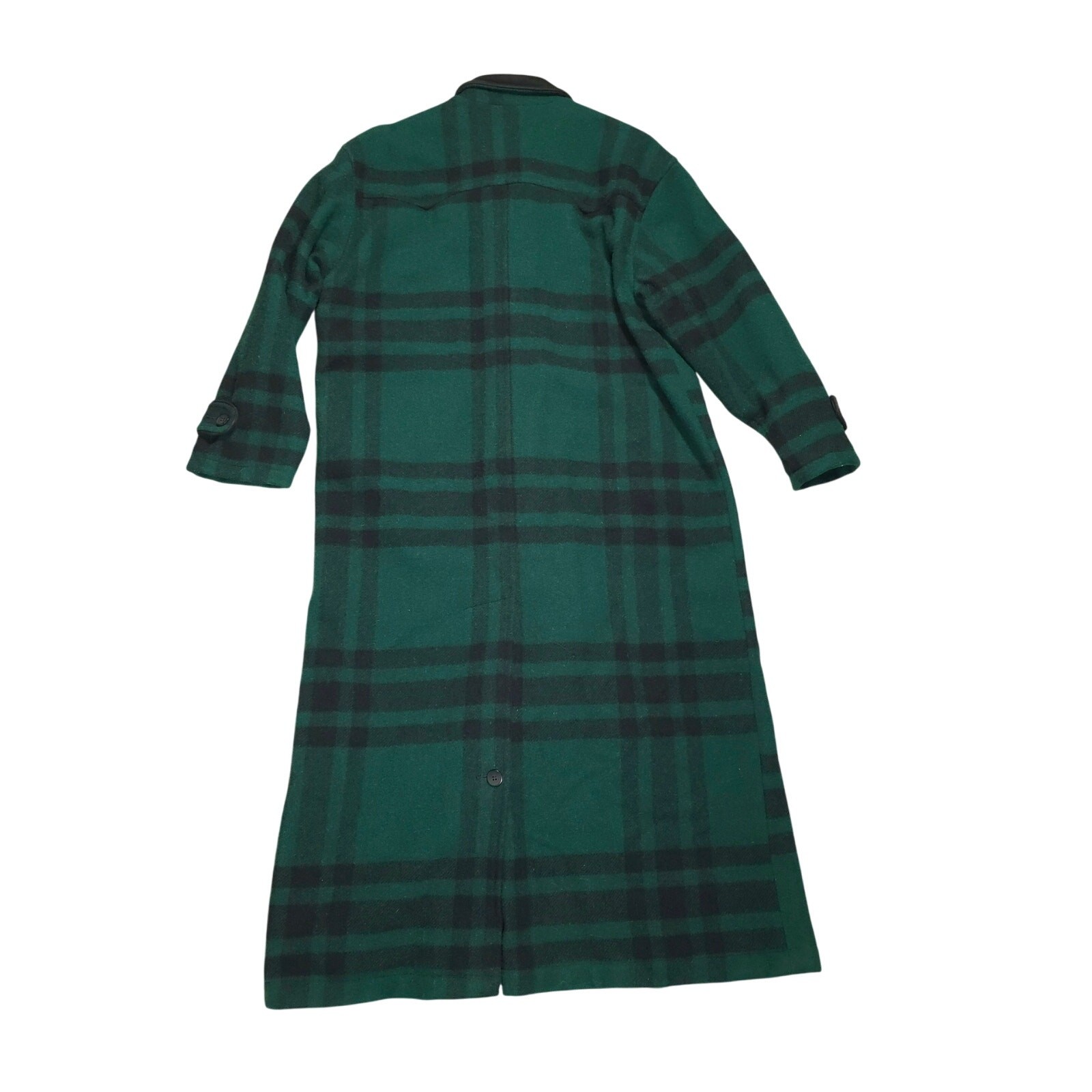 Vintage Woolrich Gree/Black Plaid Trench Coat Wool/Leather Women Size M USA