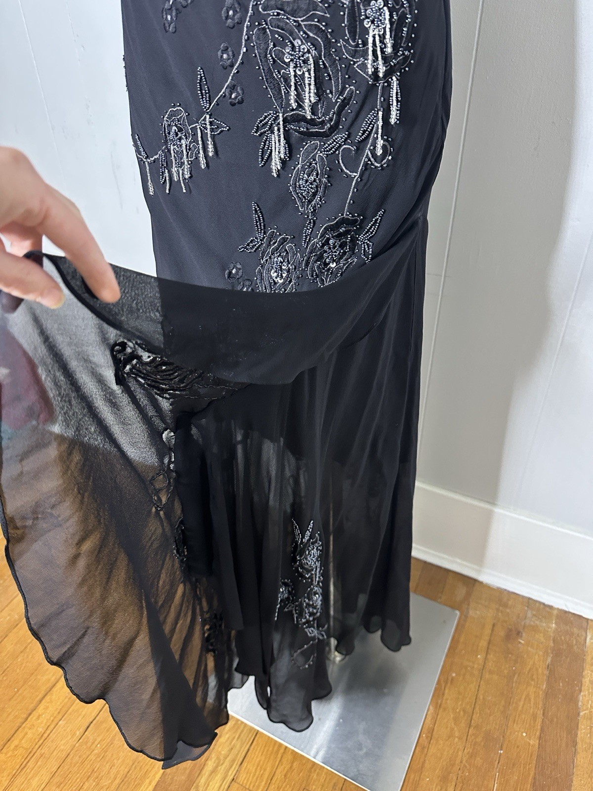Vintage Y2K Silk Chiffon Bias Cut Beaded Art Deco Look Mermaid Maxi Dress