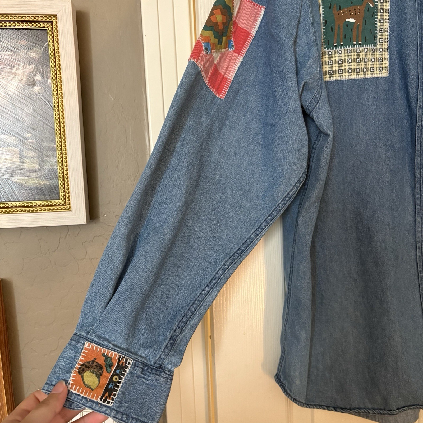 ASHLEY HILL Vintage Denim Patchwork Shirt Size XL 100% Cotton 90s Button Down