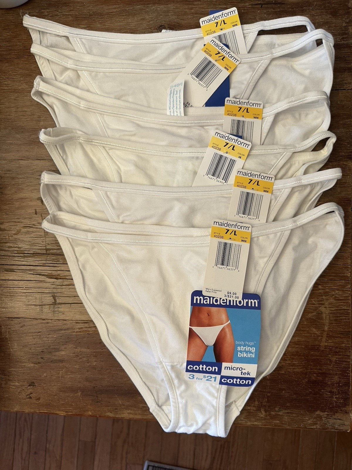 6 Vintage NWT 90s Maidenform Cotton String Bikini White Panties Underwear Sz 7