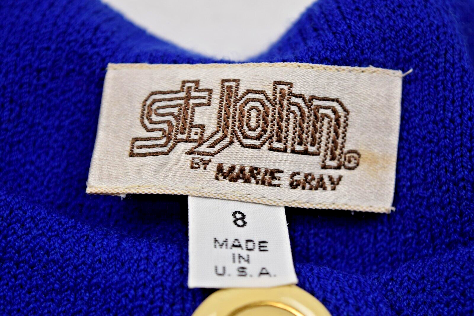 Vintage St John Knit Royal Blue Midi Dress S/M 80s White Buttons Fitted Waist