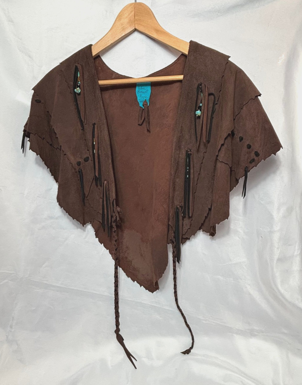 Blue Bonnet Rose Original Leather Shrug Vest Fringed Turquoise Bead Boho Western