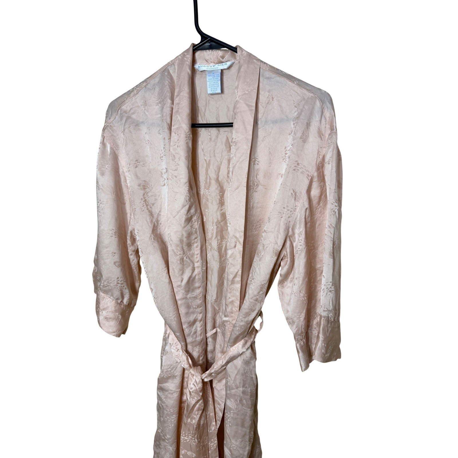 August Silk Intimates Pink 100% Silk Floral Jacquard Robe Medium Vintage