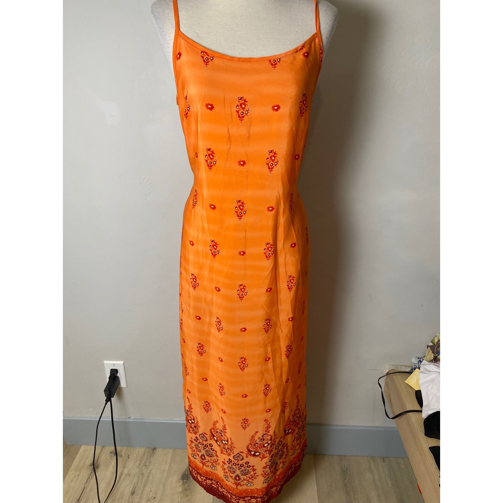 Vintage California Concepts 90s Orange Floral Maxi Dress Tie Back Size 9