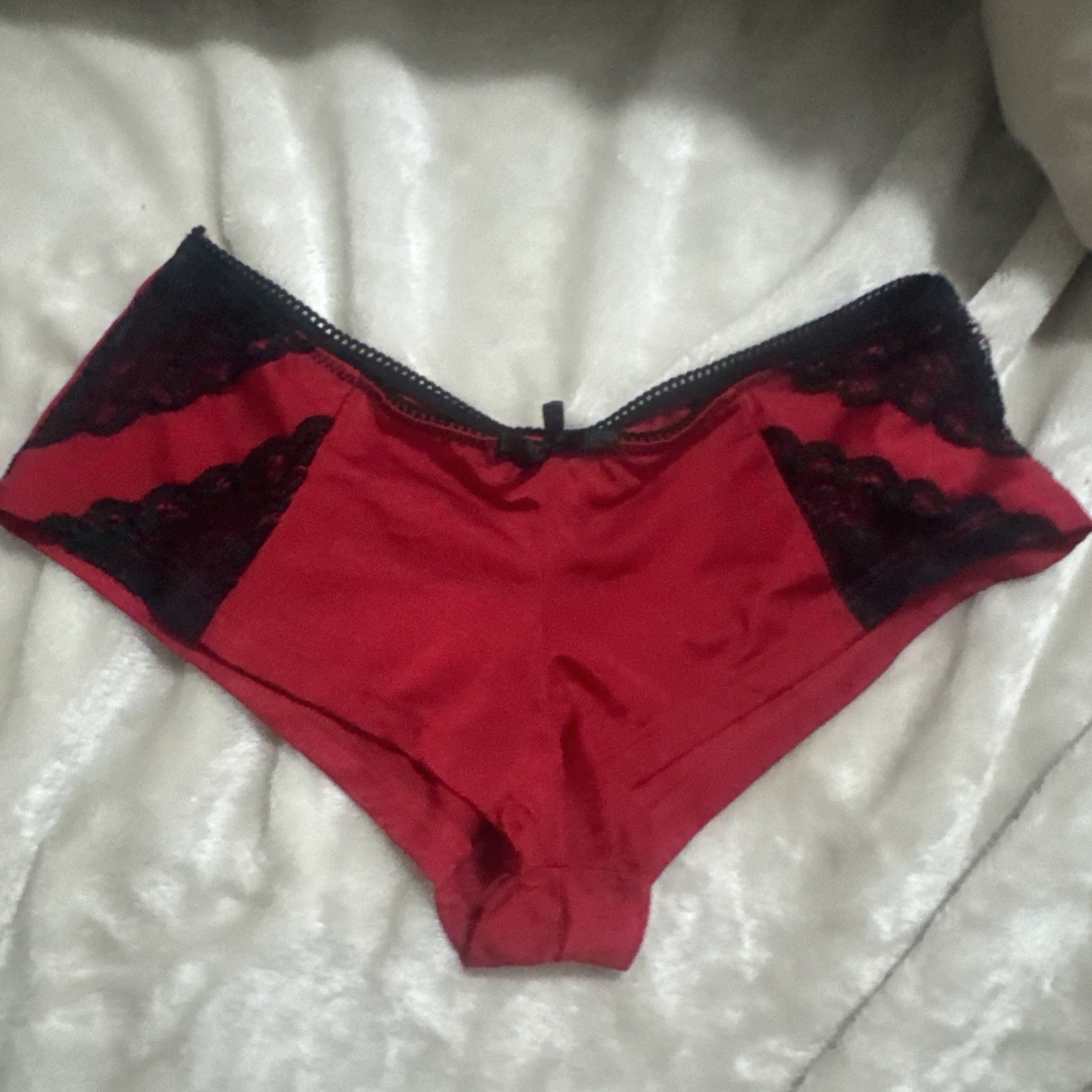 Vintage Black Fuchsia Satin Red Black Lace Sides Bikini Panty Stretch Sexy