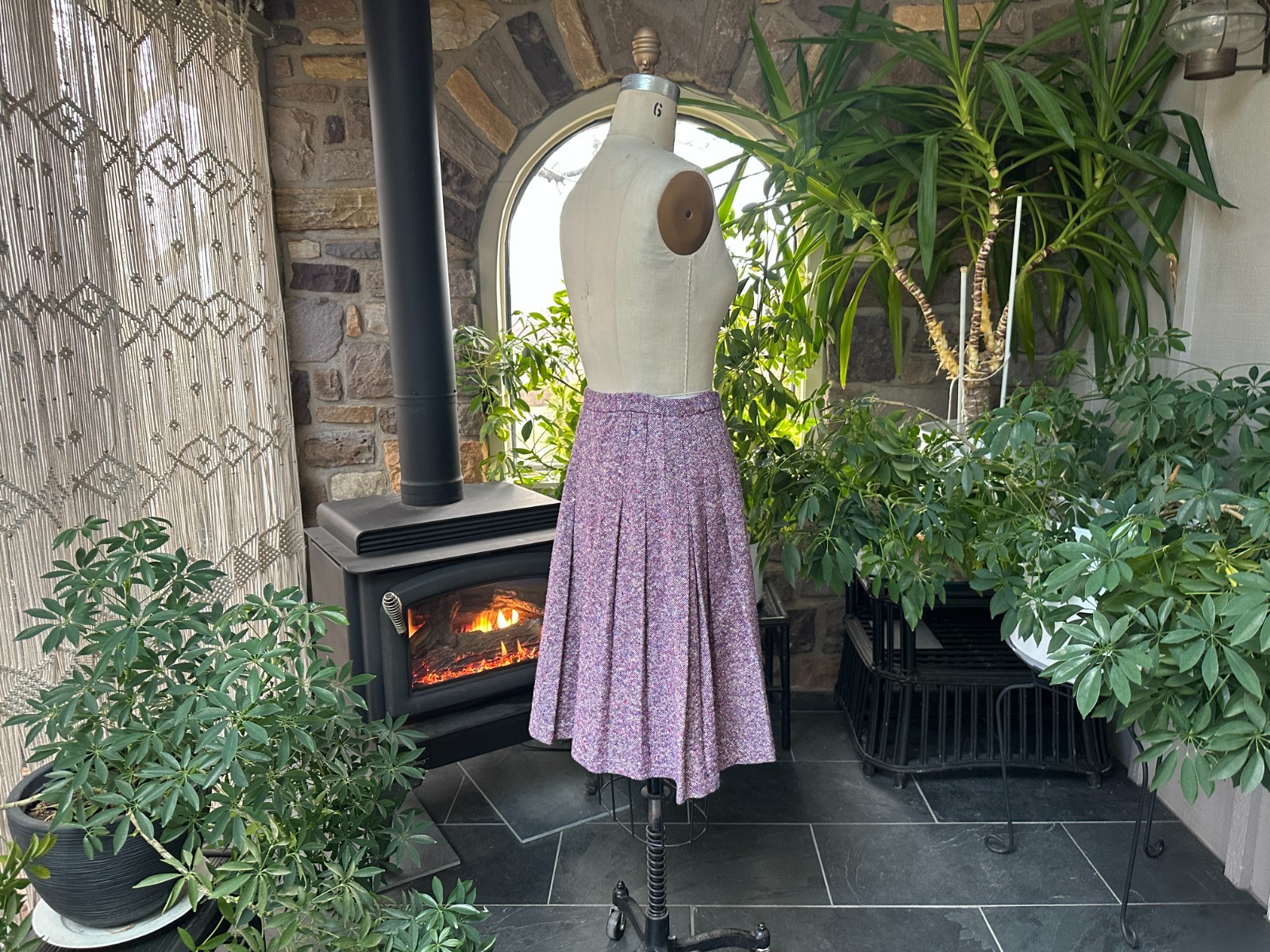 Vintage 1970s Purple and White Tweed Pleated Skirt Country Set