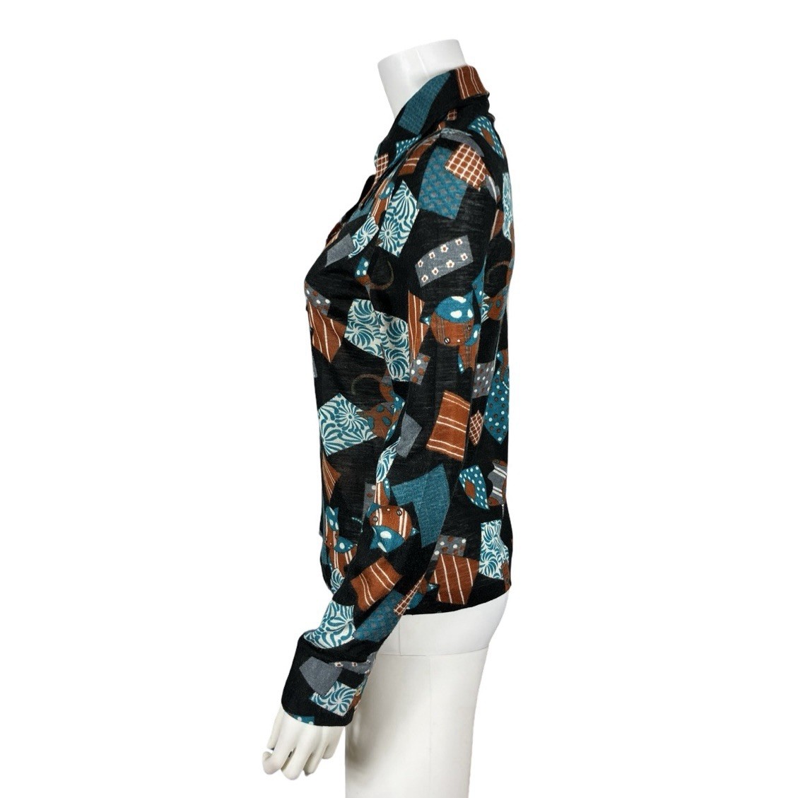 VTG 60s Women’s Jacobson’s Italy Mod Cat Print Long Sleeve Dagger Collar Top M