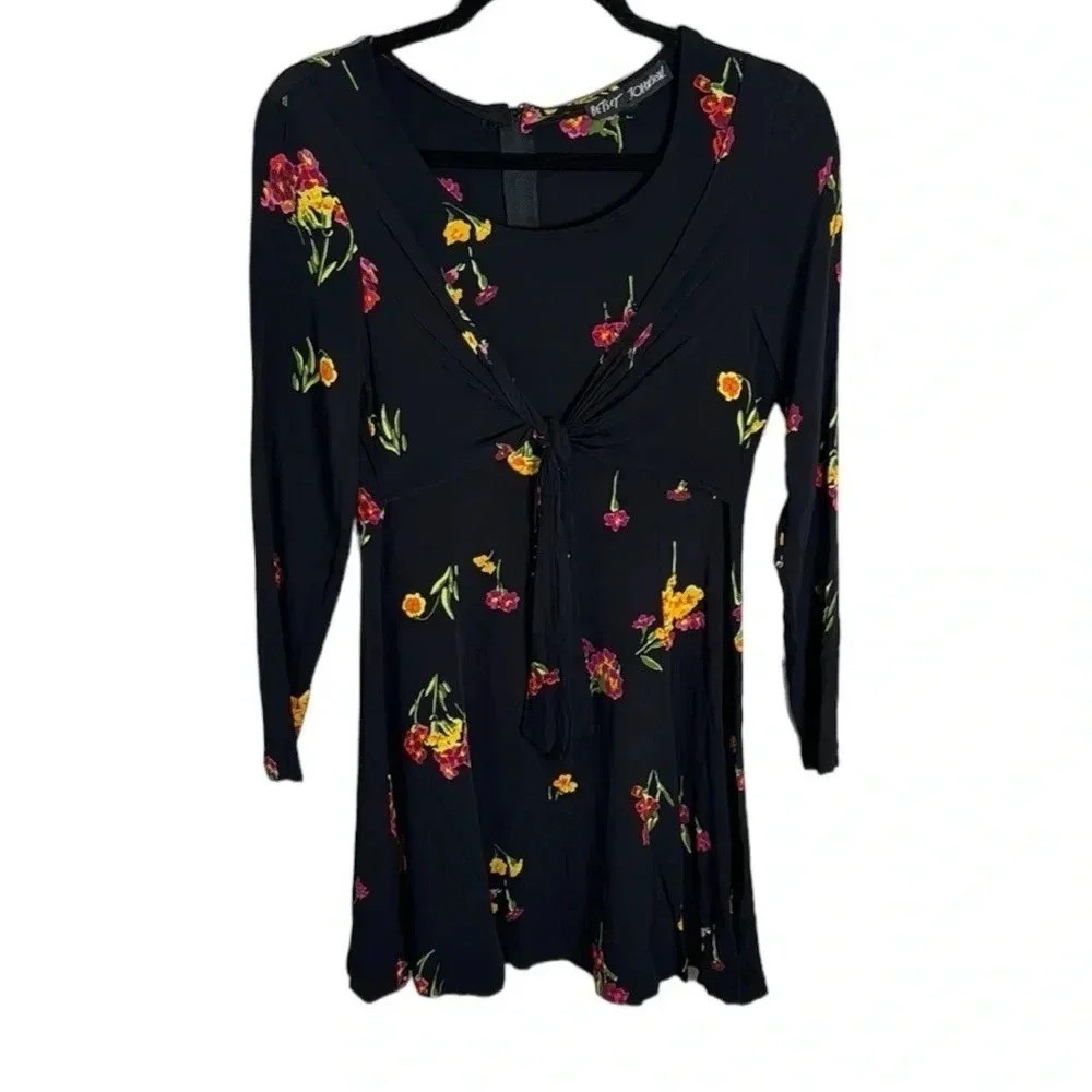 Betsey Johnson Vintage Y2K 90s Black Floral Mini Dress Small Whimsigoth Clueless