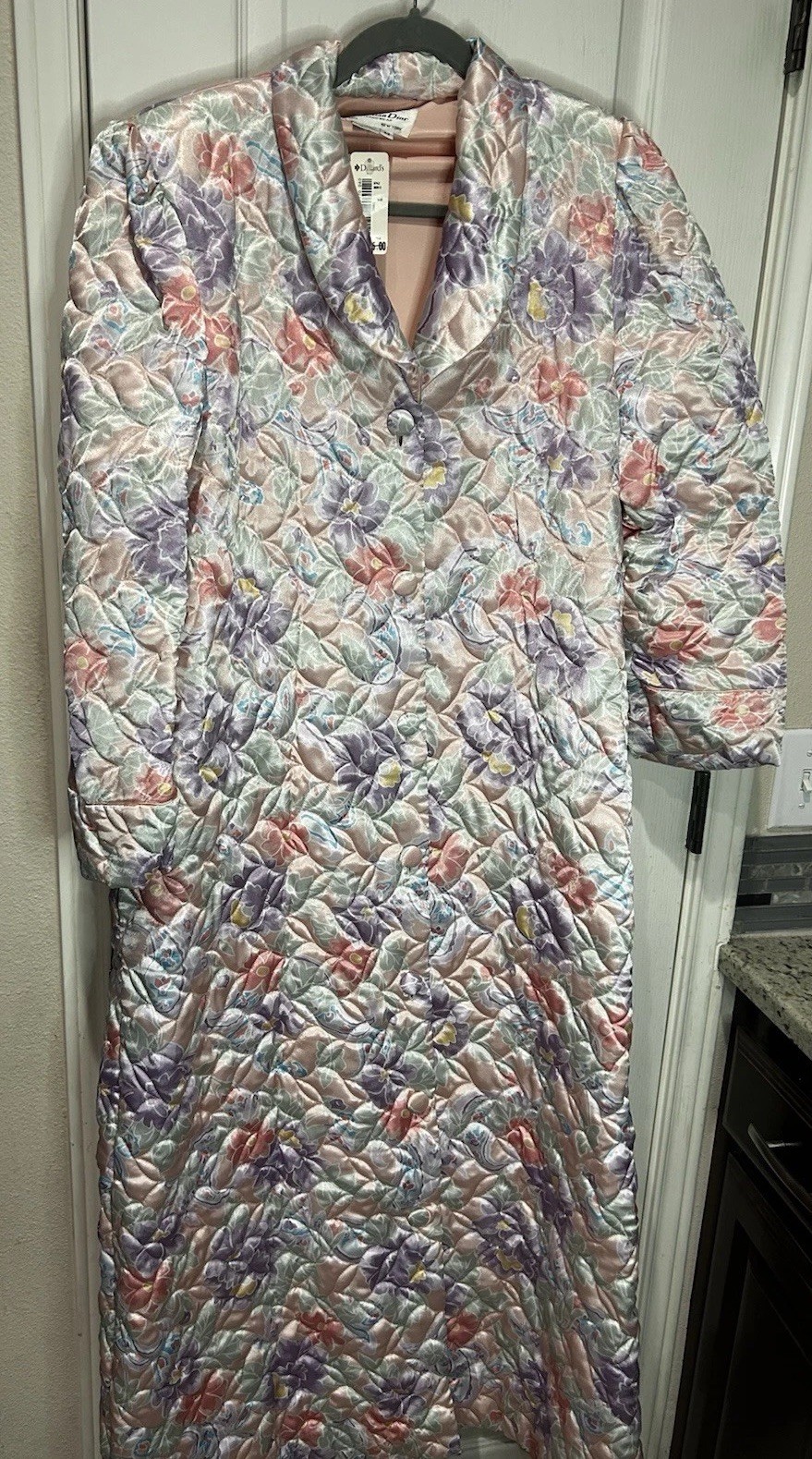 VTG Christian Dior 80s Quilted Pastel House Coat Robe Floral Satin Sz M Lounge
