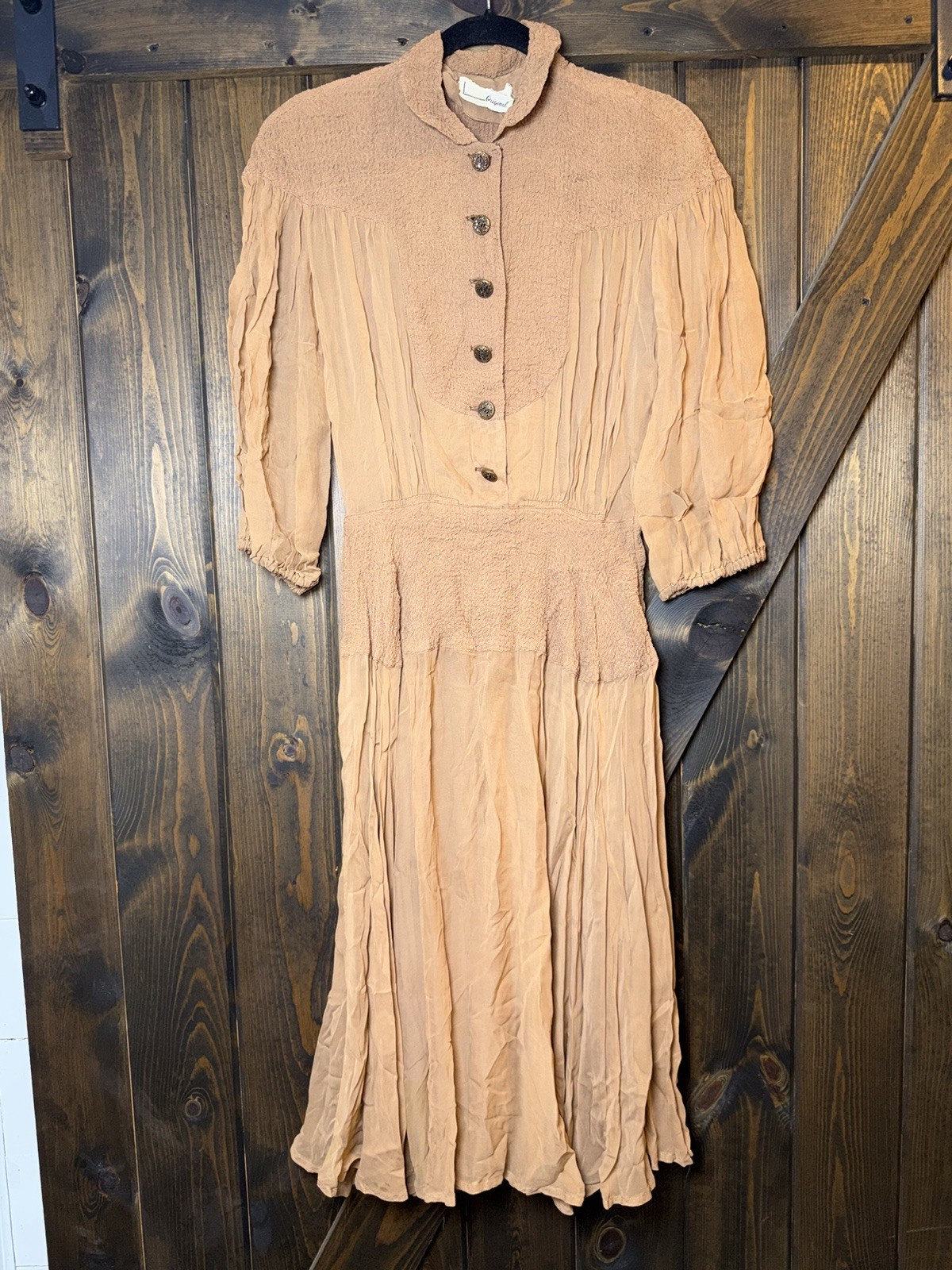 Vintage Paul Sachs Original Peach Prairie Cottagecore Midi Dress Victorian XS