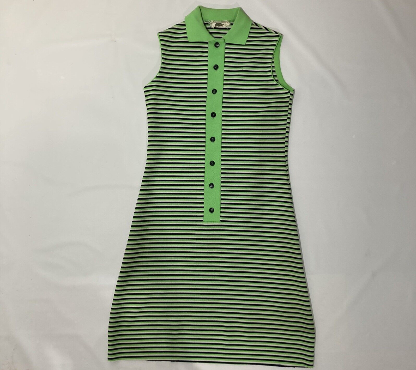 Vtg 70s Chemise Lacoste Shift Dress Med Lime Green/Black Stripe Mod Go-Go Preppy
