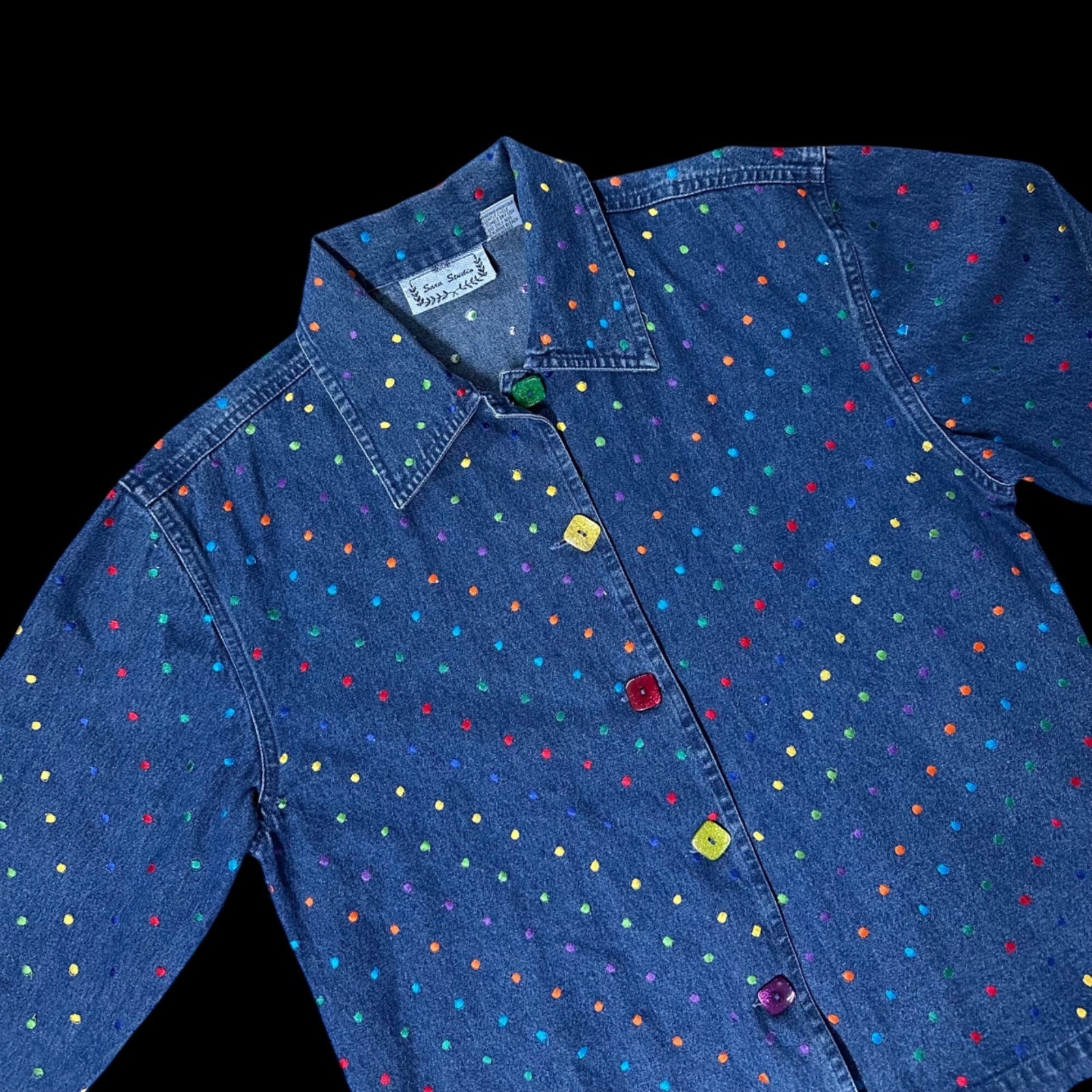 Vintage Denim Shirt Jacket Polka Dot Embroidery Small 1990s Rainbow Button Up