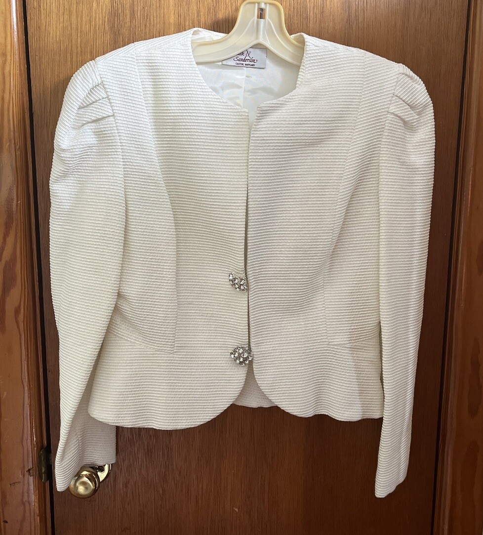 Vintage SILK 'N SANDERSON Blazer Jacket Off-White RHINESTONE BUTTONS Peplum