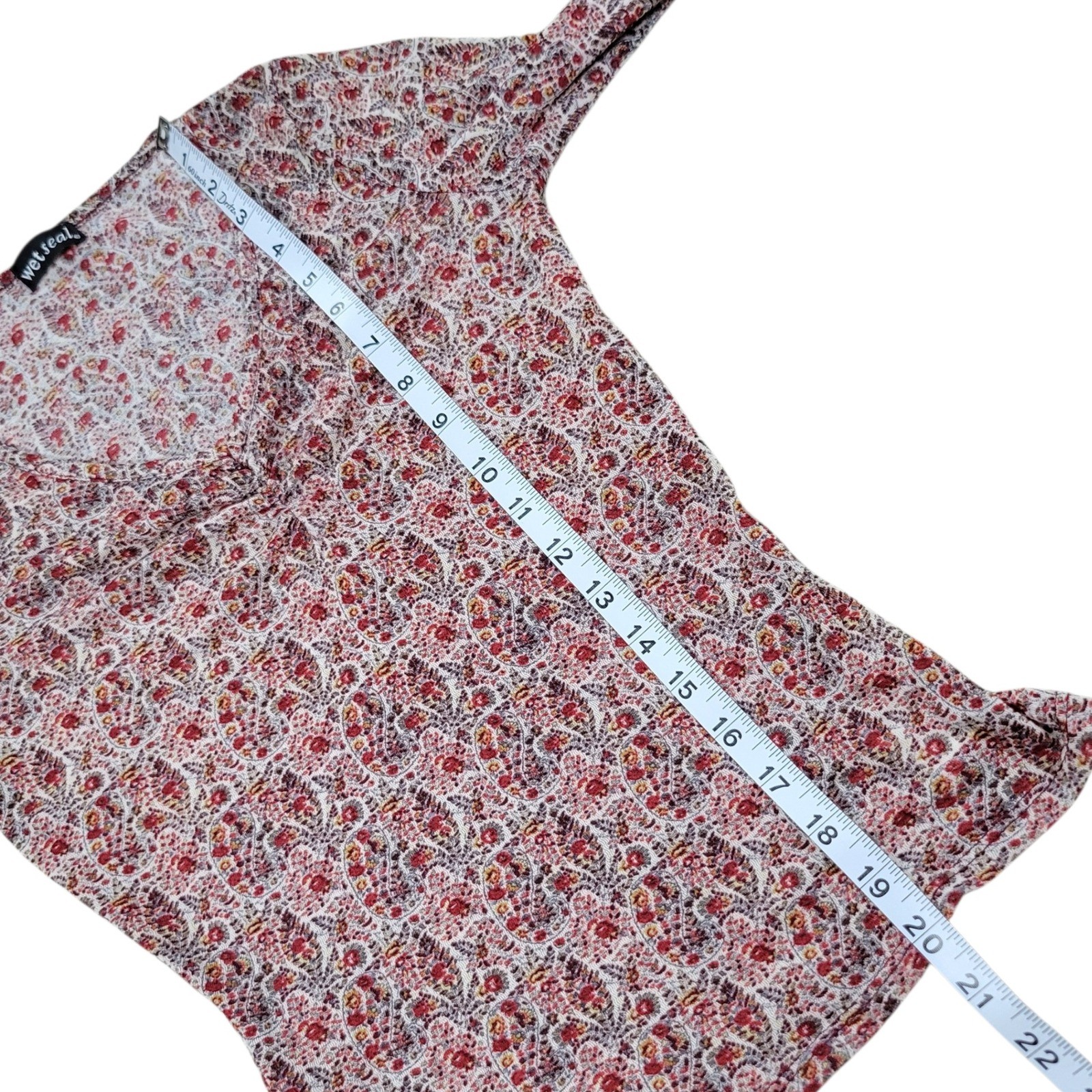 Vintage Y2K Wet Seal Flare Sleeve Top Womens M Red Paisley Mesh V-Neck 90s Boho