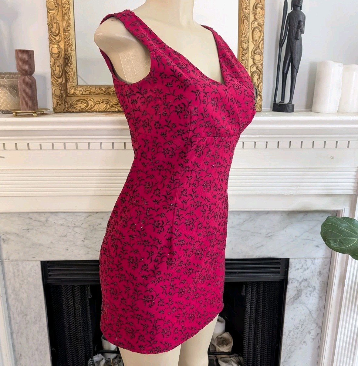 Vintage 80s Red Black Faux Wrap Mini Dress Size S Floral Flocked Silver Glitter