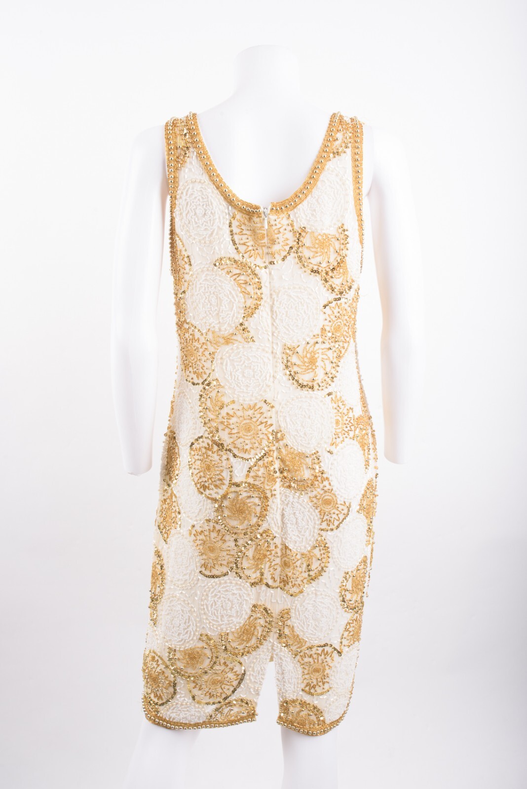 Vintage Interlude CA Womans Evening Shift Dress Size M Ivory Gold Beaded Silk