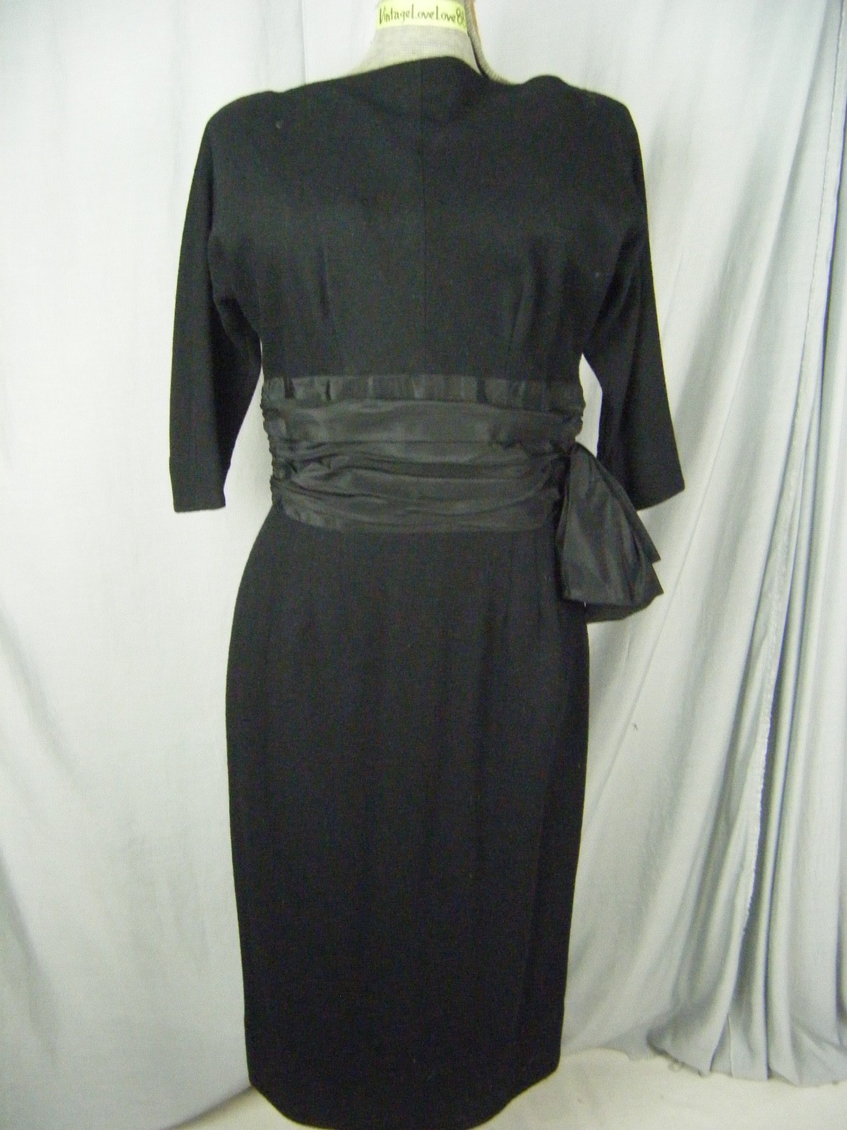 TAILORED JUNIORS Vtg 60s Black Woven Crepe Gathered Bow Dress-Bust 36/XS