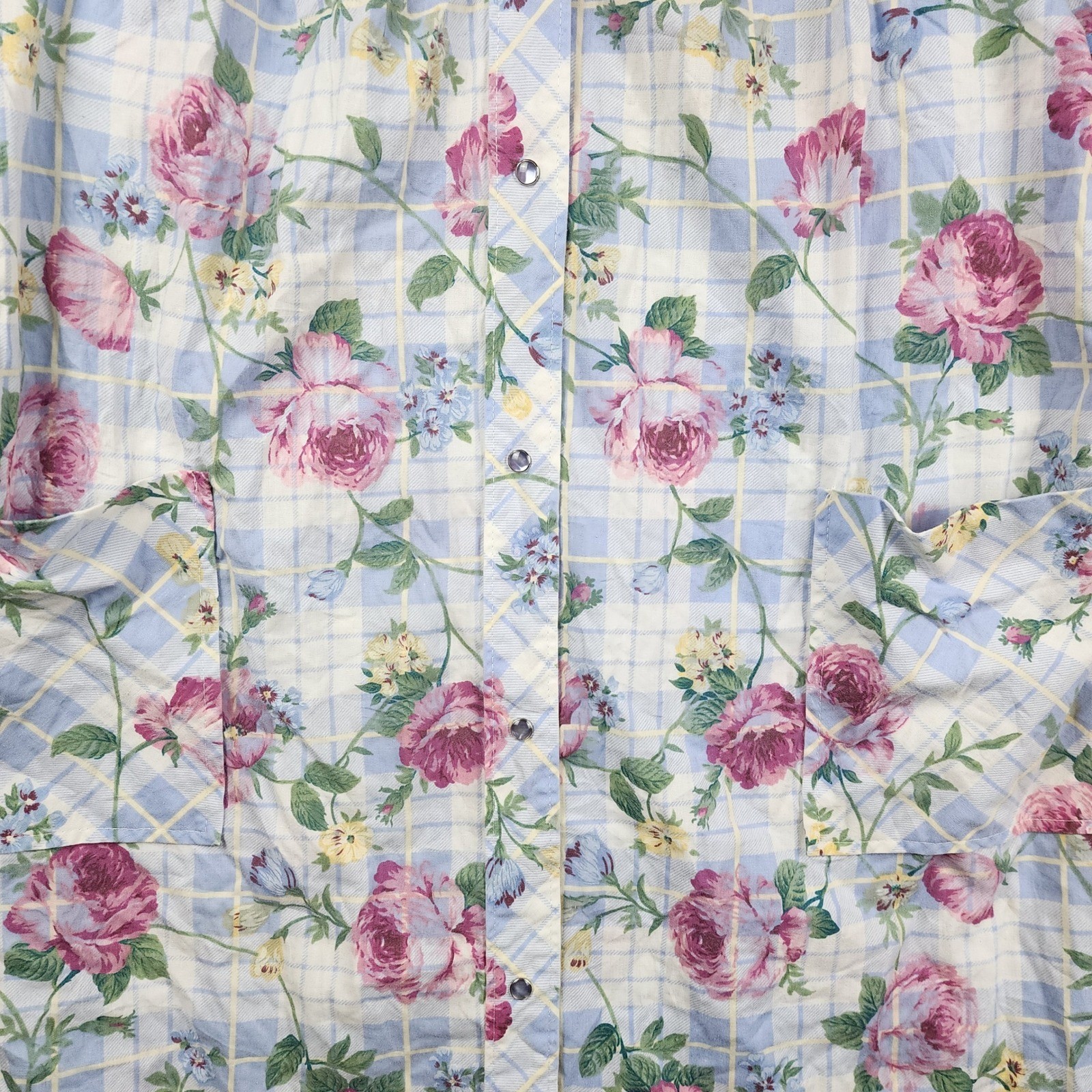 Leisure Life House Dress Womens Medium Blue Pink Floral Plaid Snap Front Duster