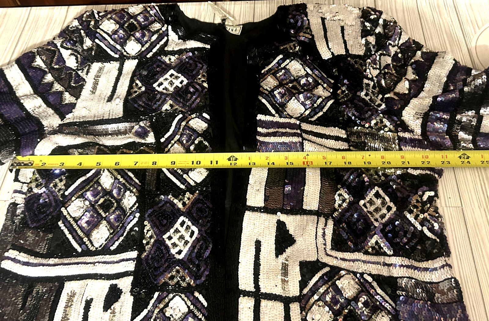 Carina Black Purple White Beaded On 100% Silk Jacket Formal Vintage 90s Medium
