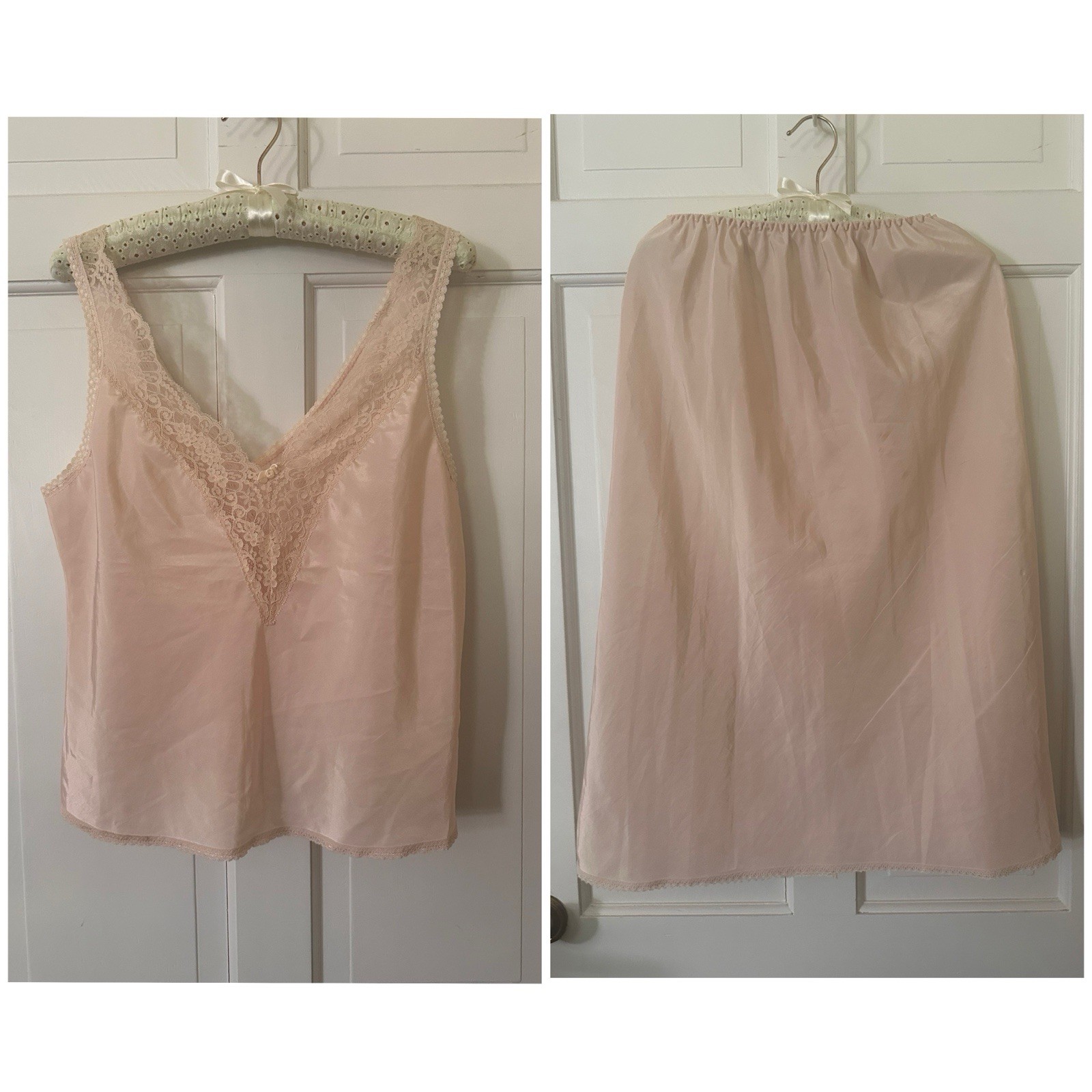 Vtg Orvis Half SLIP Skirt & Camisole Set Lace Beige Undergarments Retro Glam M L