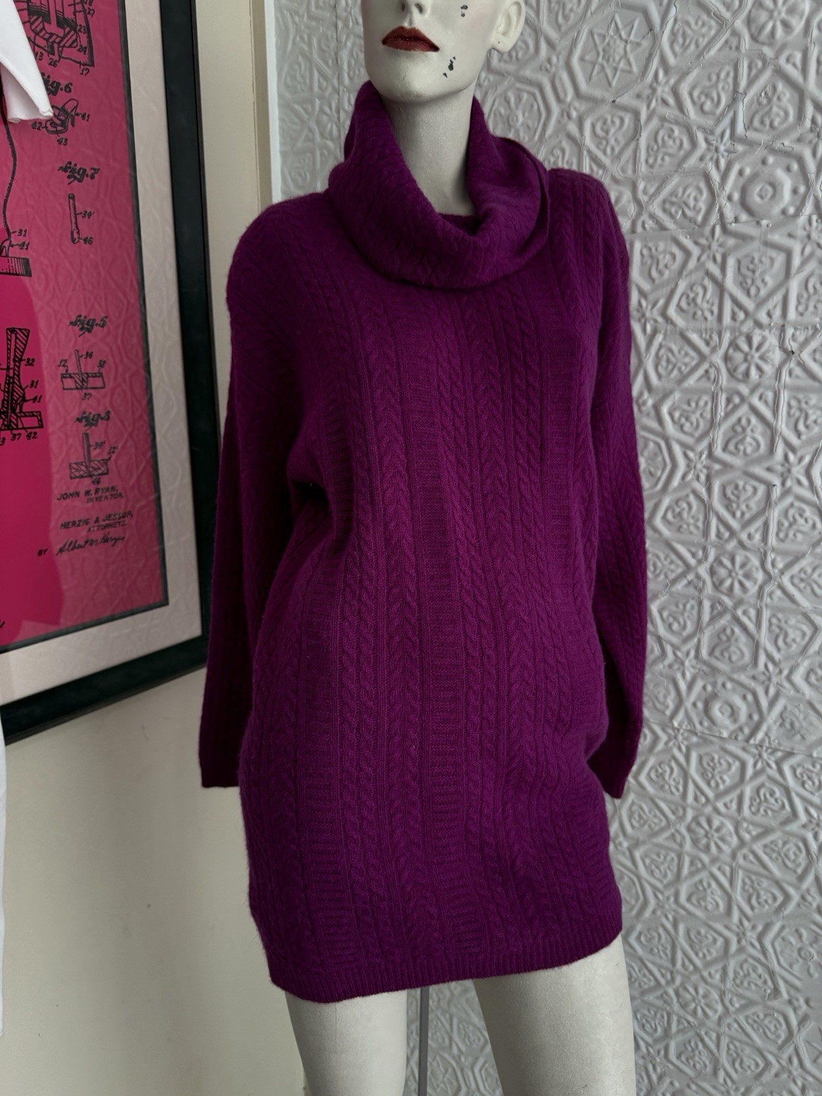 vintage sweater 1980s lambswool angora cable knit turtleneck pink M oversized