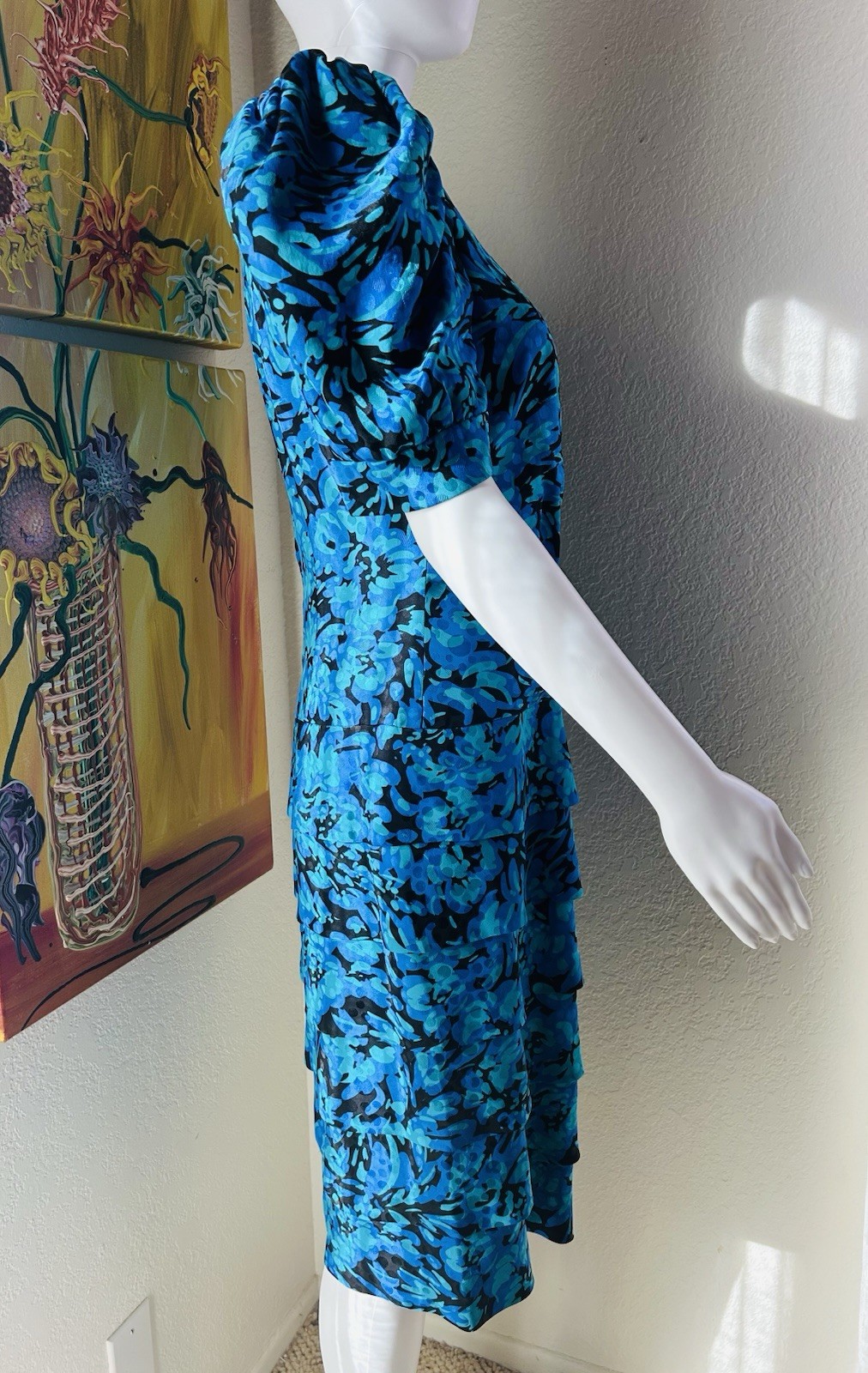 A.J. Bari Blue Floral Print Tiered Dress Bow 80s Vtg Sz 12 See Measurements