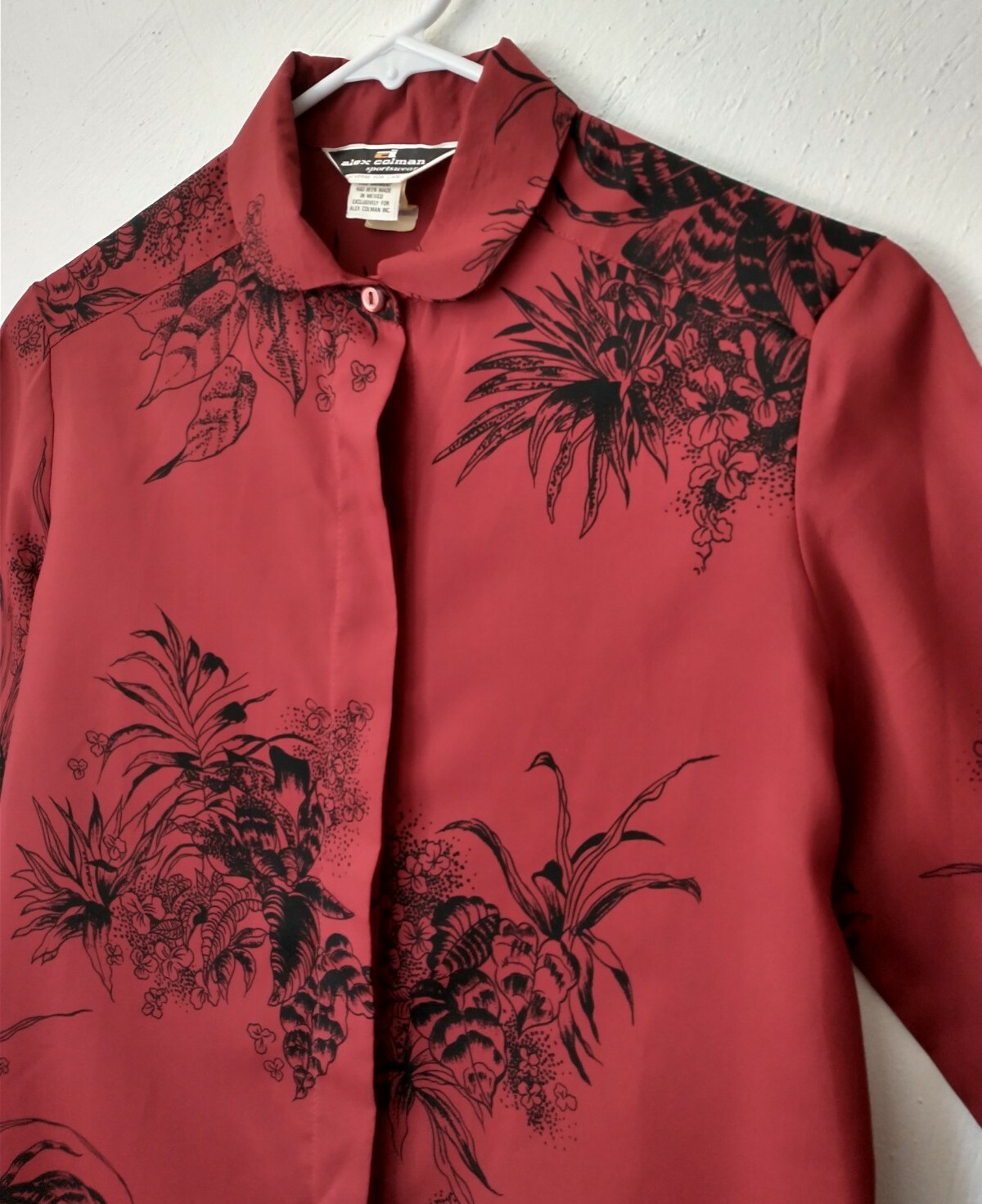 VTG Alex Colman Floral Leaves Palm Shirt Button Womens 70’s Sz 8 Red Old Money