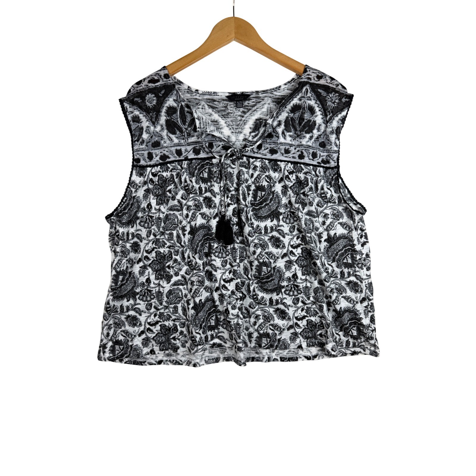 Lucky Brand Boho Paisley Print Peasant Tassel V-neck Top size XL Black/White