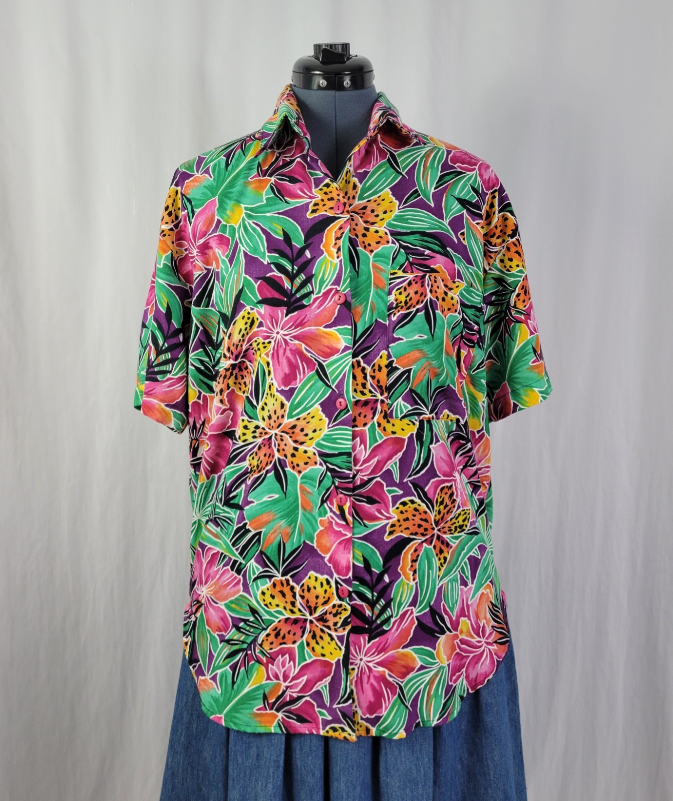 Vintage American Weekend Purp/Pink/Yell/Orange/Green Tropical Floral Top Size M