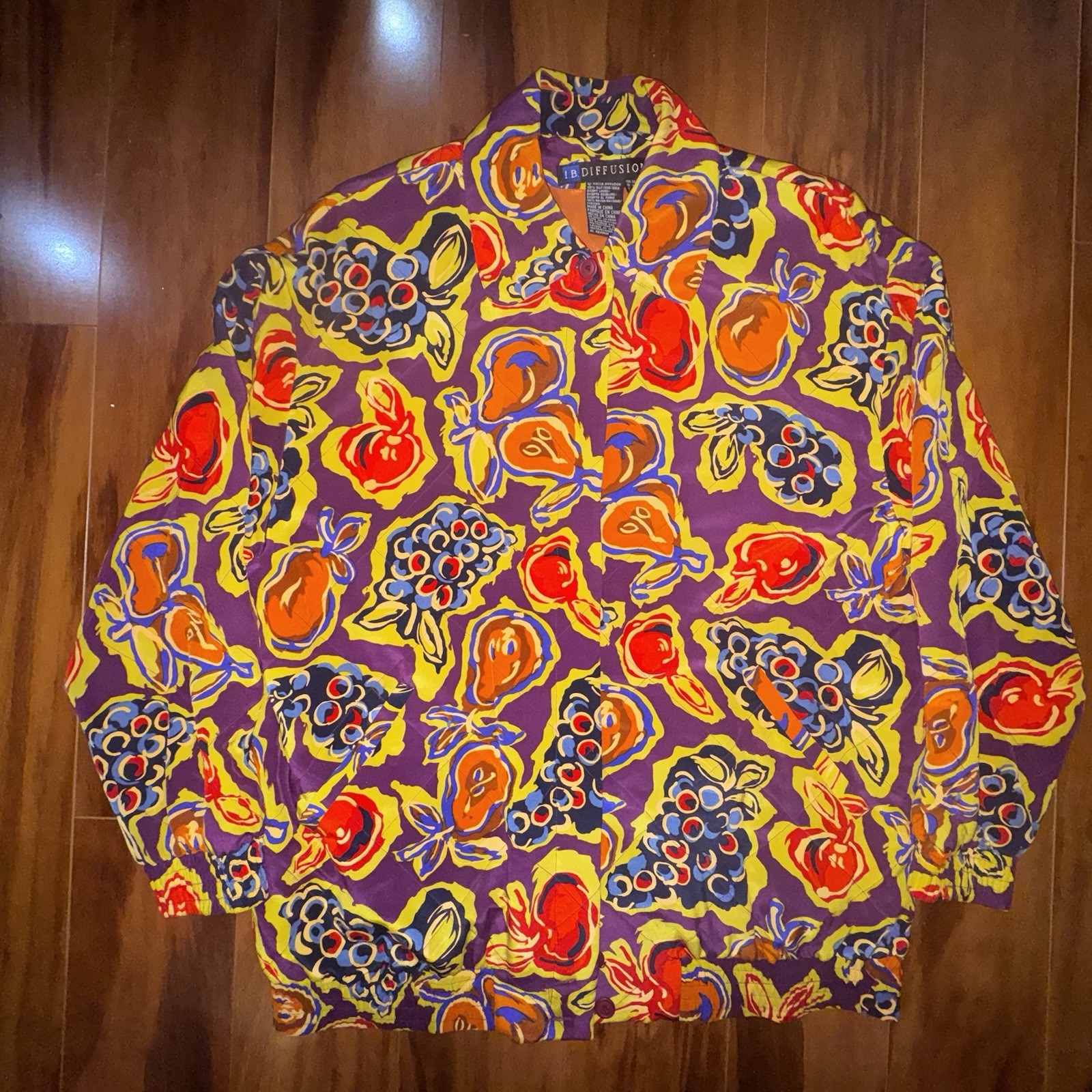 Vintage I.B. Diffusion Silk Fruit Print Jacket Womens 14 90s Shoulder Pad