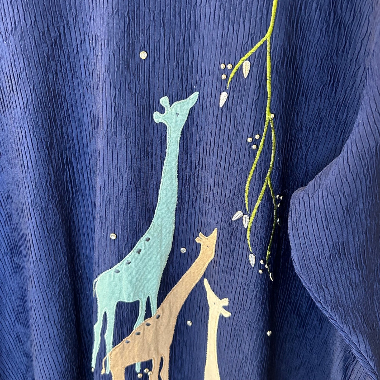 VTG Animal Print Giraffe Embroidered Graphic Womens 2XL Navy Blouse USA Made