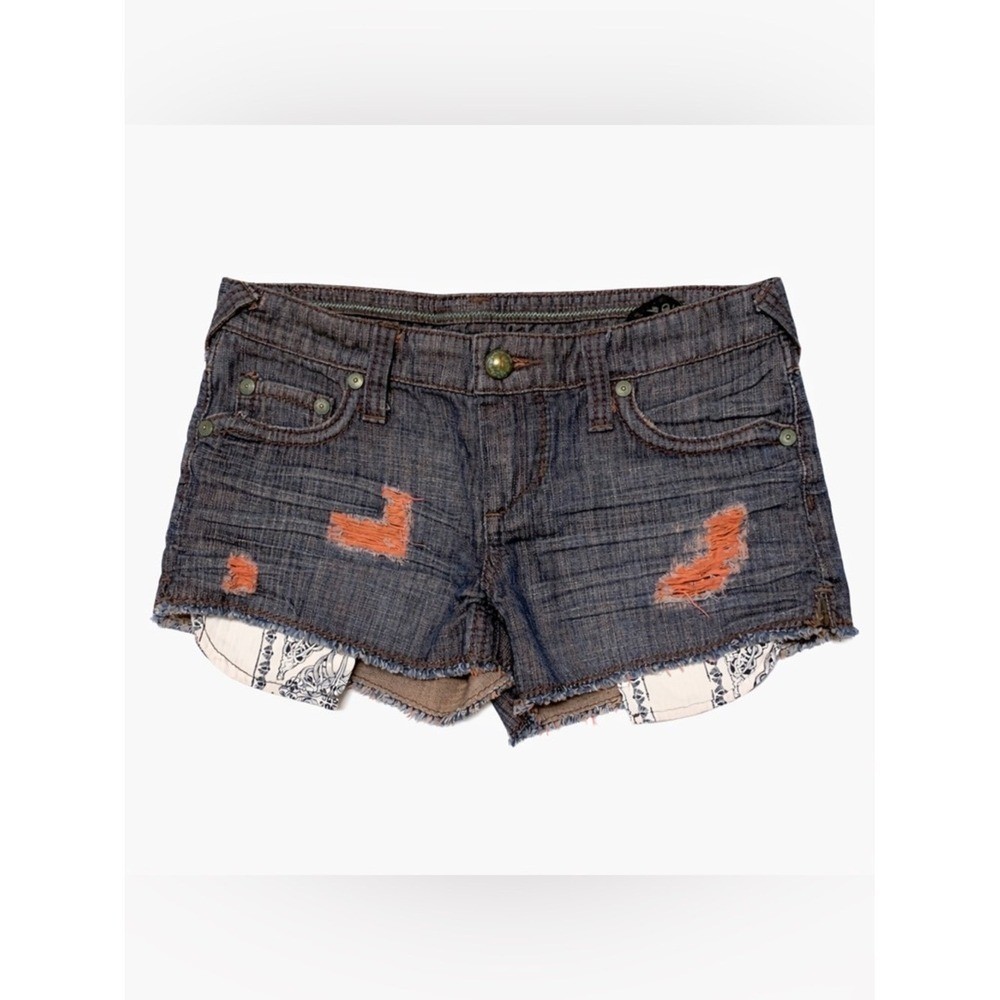 Stitches Y2K Low Rise Distressed Jean Shorts Peekaboo Pockets Y2K Size 28 Waist