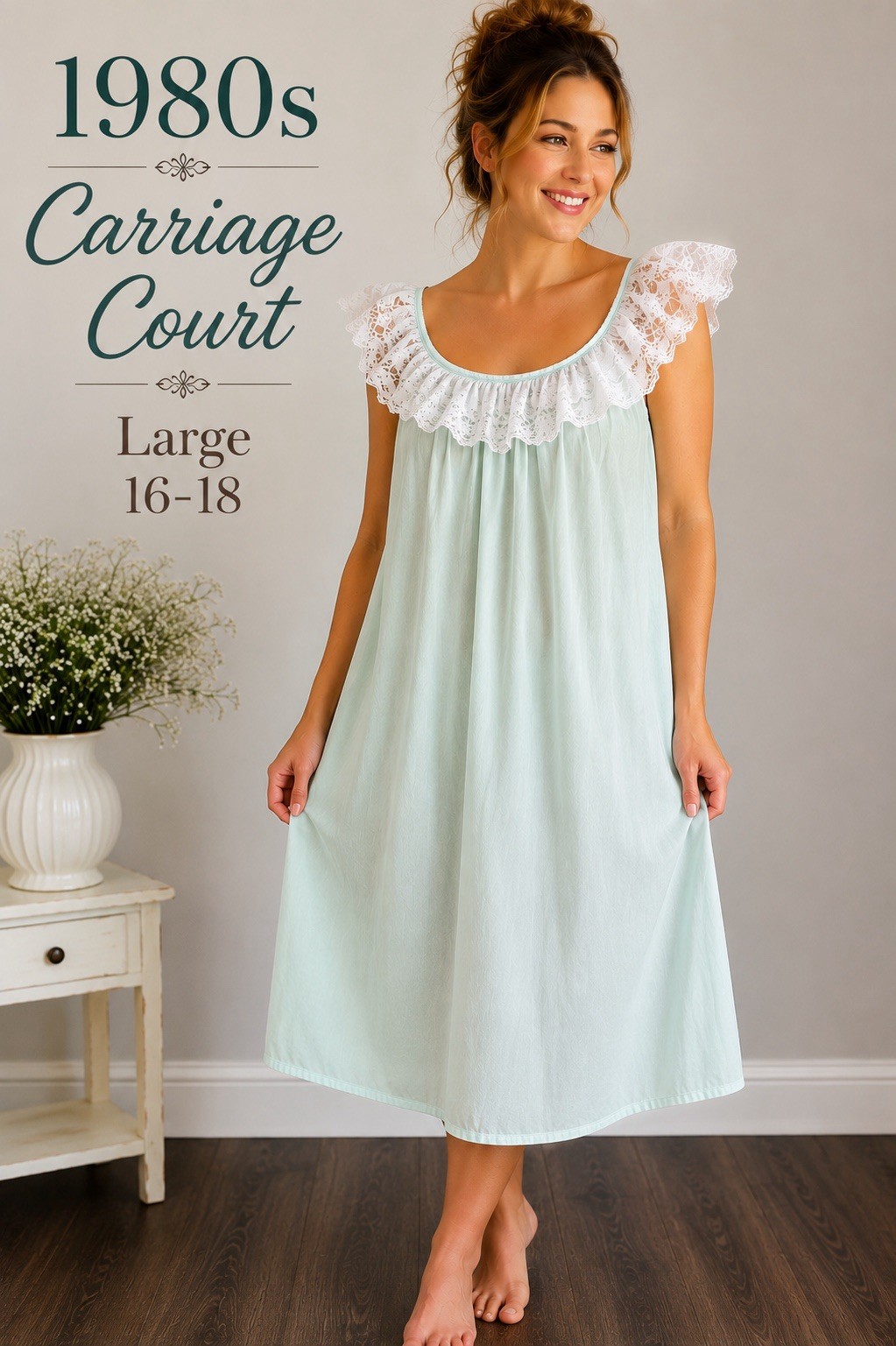 Vintage 1980s Carriage Court Pale Aqua Blue Lace Nightgown L 16-18 USA