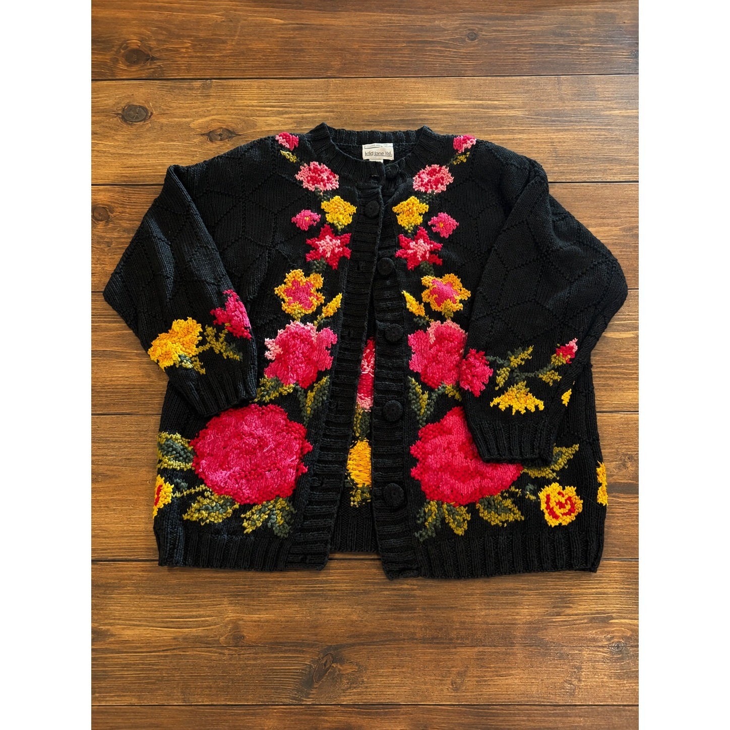 Vintage Lydia Jane Floral Sweater Women M Cotton Blend Button Front Cottagecore