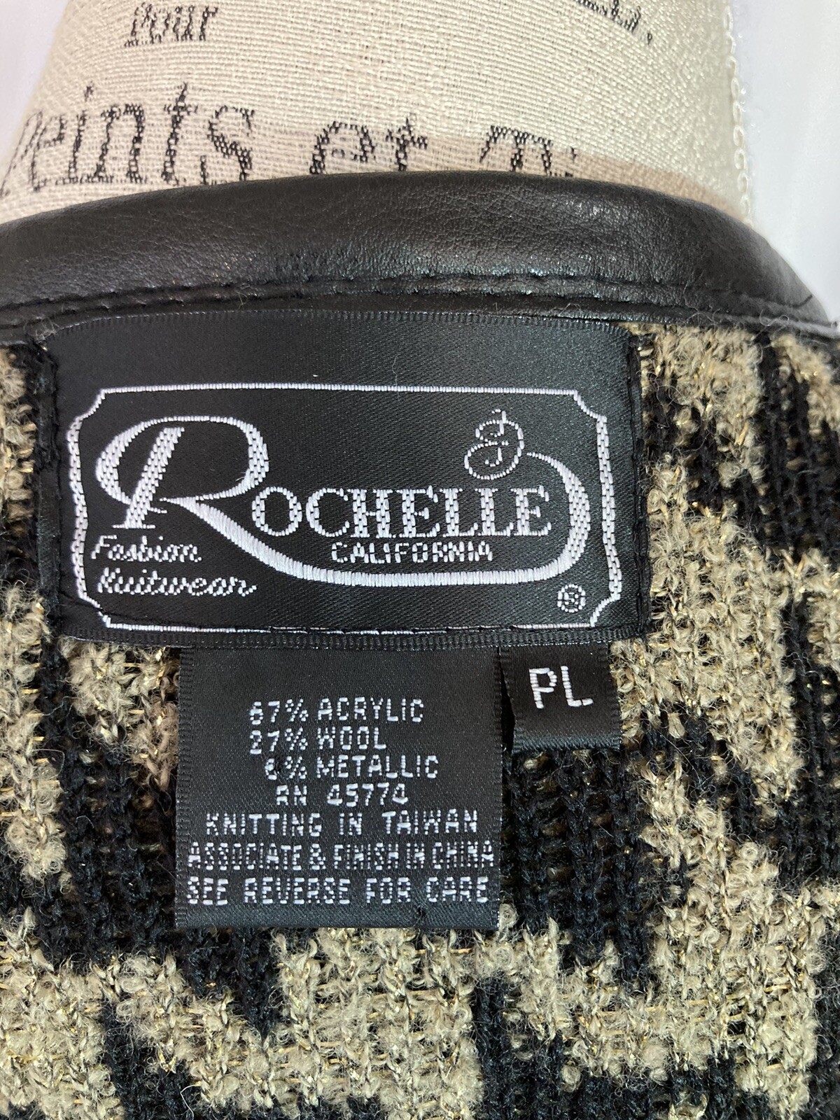 Vintage Rochelle California Women’s Sweater Jacket Zip Metallic Black Gold Sz PL