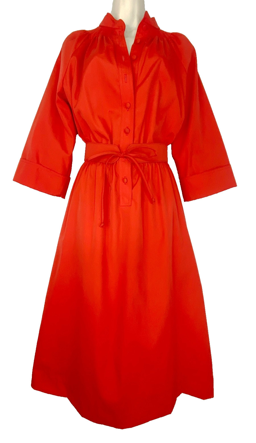 Vintage 1970s red midi dress 3/4 sleeve heavy cotton A line shirt pockets M L