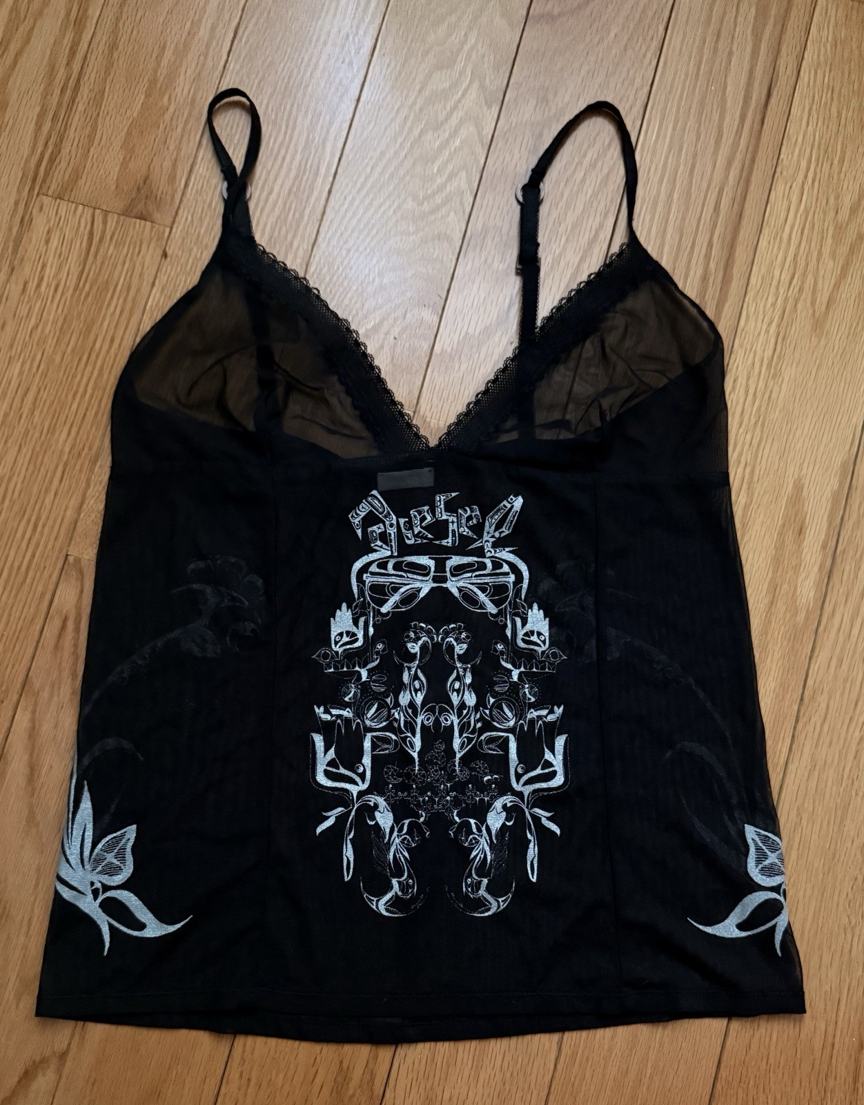 Vintage 90s Y2K Diesel Sheer Black Mesh Lace Cami Tattoo Tank Top Grunge Alt