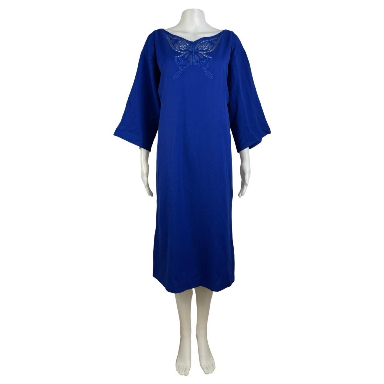 Vintage Butterfly Embroidered Dress Size Medium 1970s Cobalt Blue Twill Wool