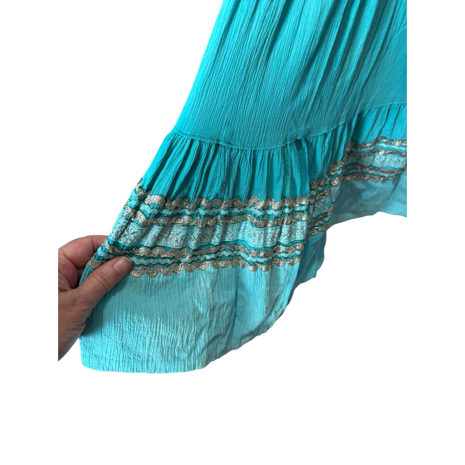 1950s Turquoise Patio Skirt Full Sweep Silver Rickrack Western Fiesta