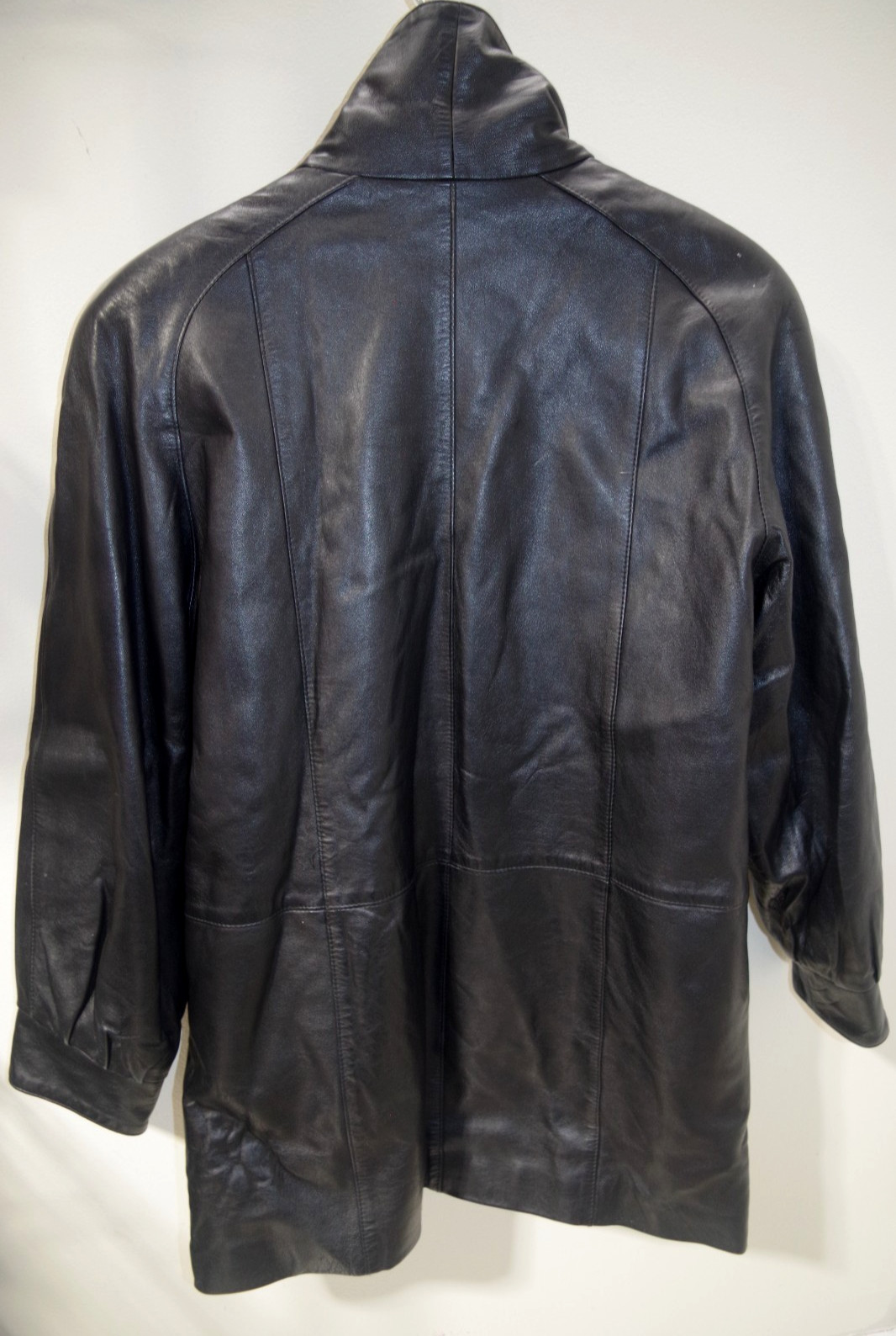 10B Vintage Womens M/L Black Leather Jacket Shawl Collar Raglan Coat