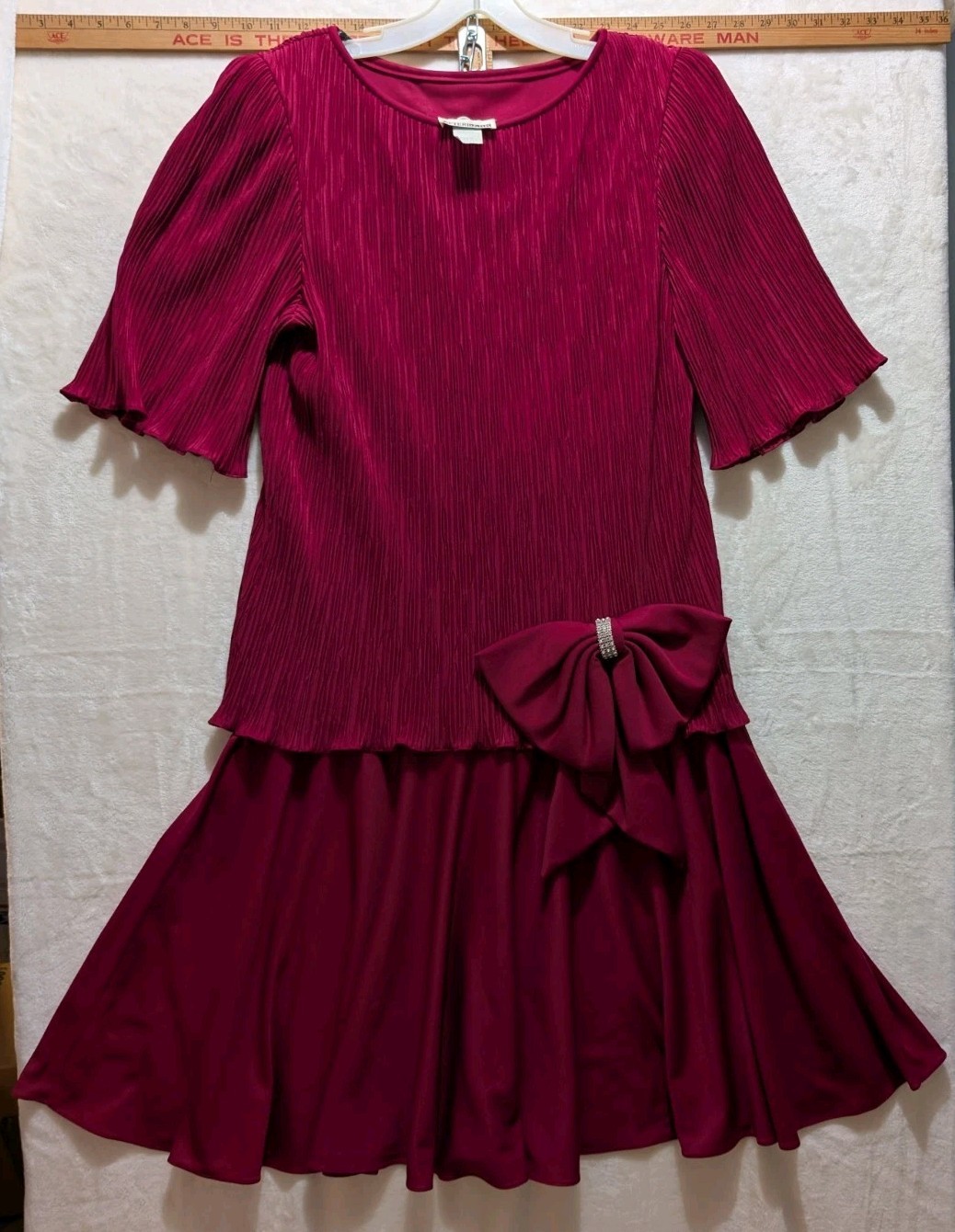 ⚓️ Vintage 80s After Dark Red Plisse Pleated Drop Waist Rhinestone Bow Cocktail