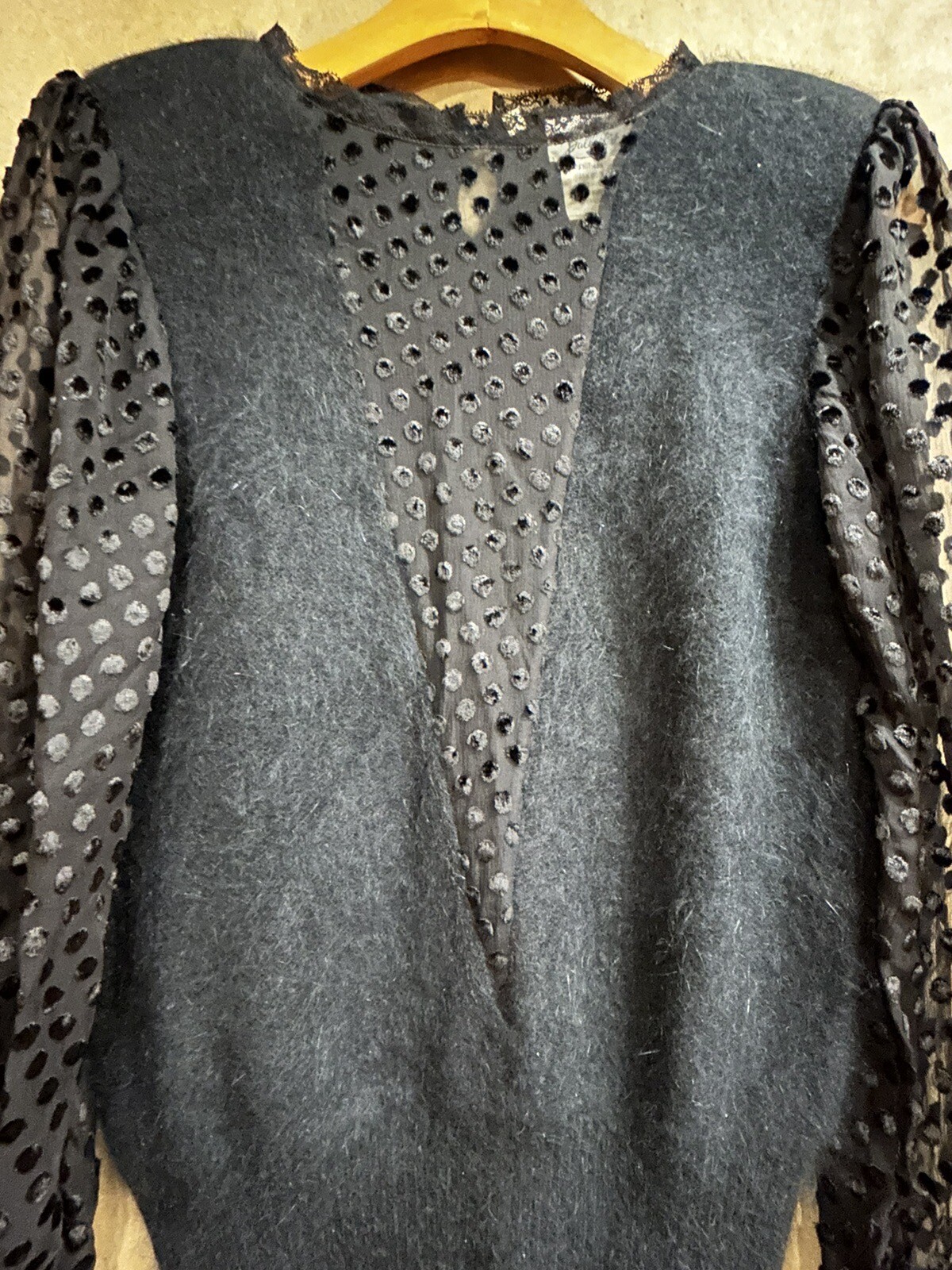 Vintage Black Sweater Size M Italy For Bullock’s Angora/ Wool Polka Dot Sleeves