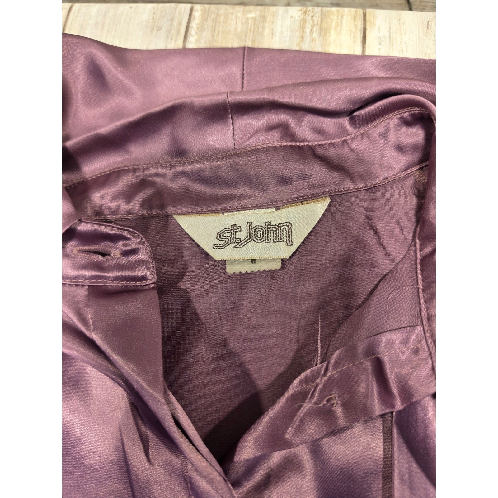St John 3 Pc Skirt Suit Set Metallic Knit Cardigan Satin Bow Blouse Plum Mauve