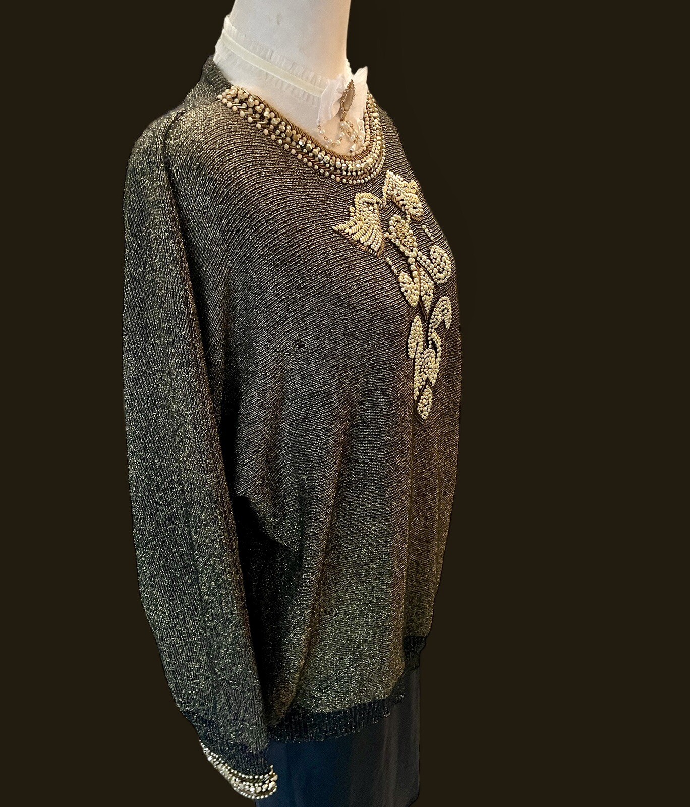 Vintage Sweater McBling Pearl Beads Glam Fairy Goth Evening Knitwear Gold Foil L