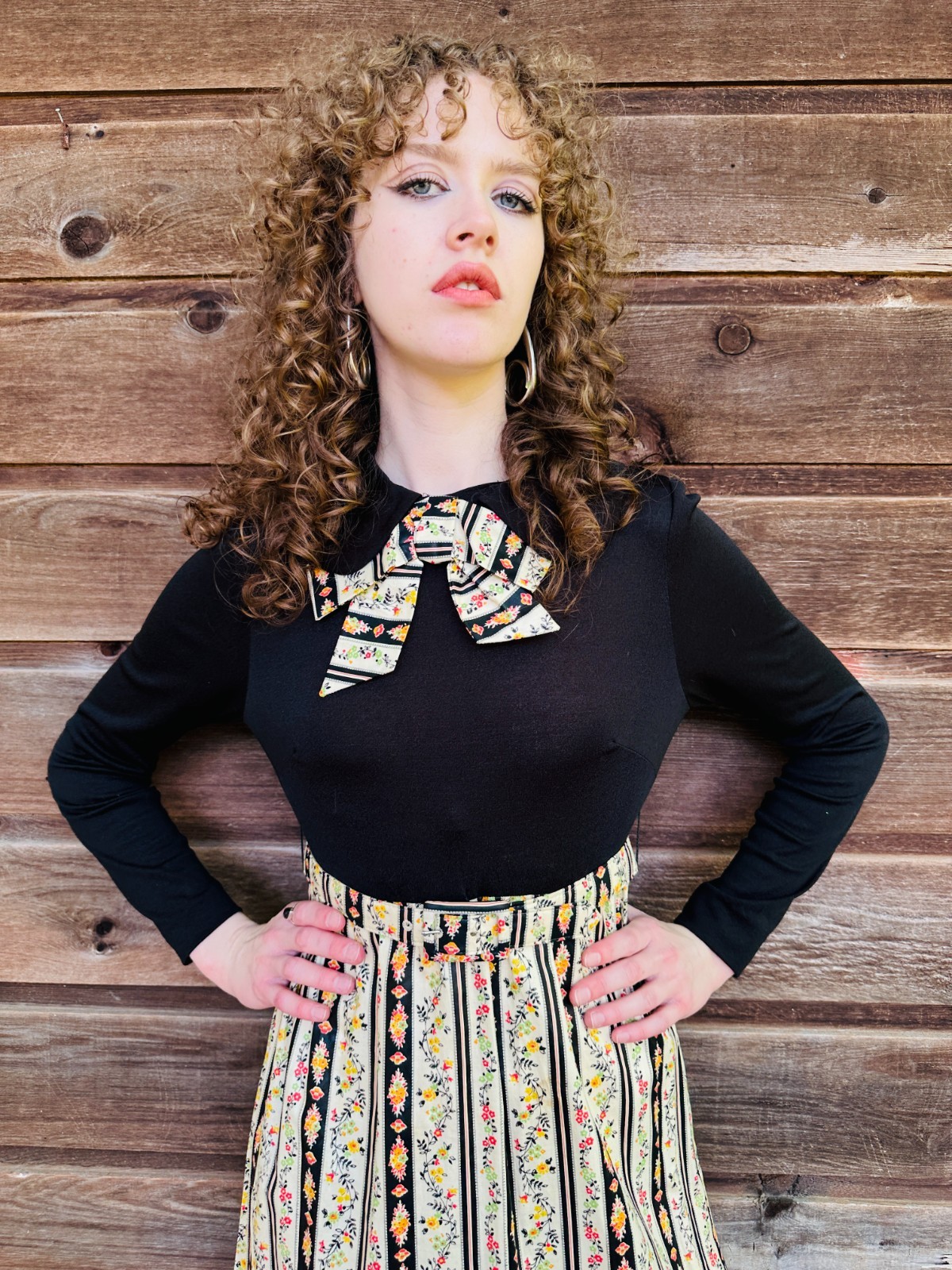 XS | 1970’s Black & Floral Striped Maxi Dress