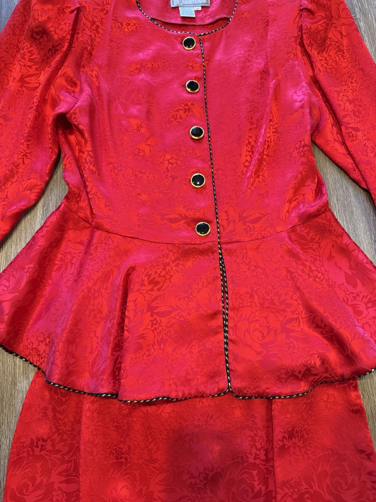 Vintage Courtenay Red Silk Jacquard Peplum Skirt Suit Set 80s 90s Romantic sz 8
