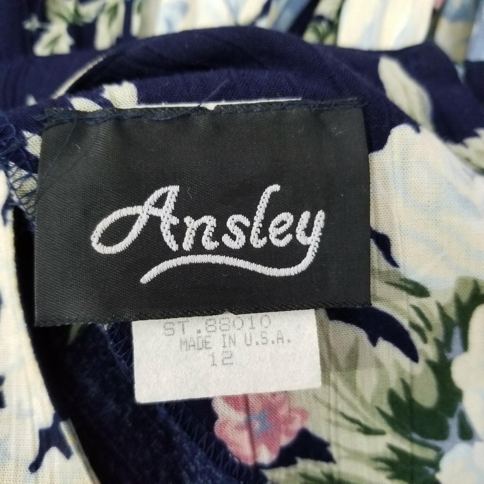 Vintage 90s Ansley Navy Blue Floral Maxi Dress Rayon Pleated Skirt Belted USA 12