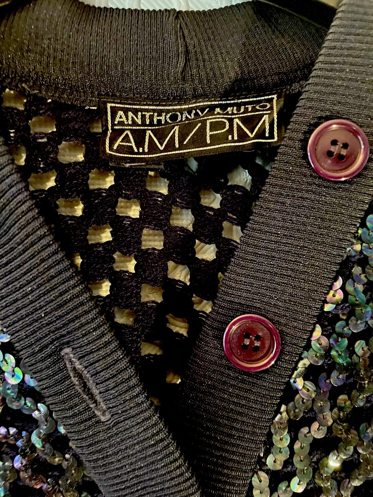 Anthony Muto AM/PM Multi-Sequined ~Sweater Shrug~Blue Button Front Size M/L VTG