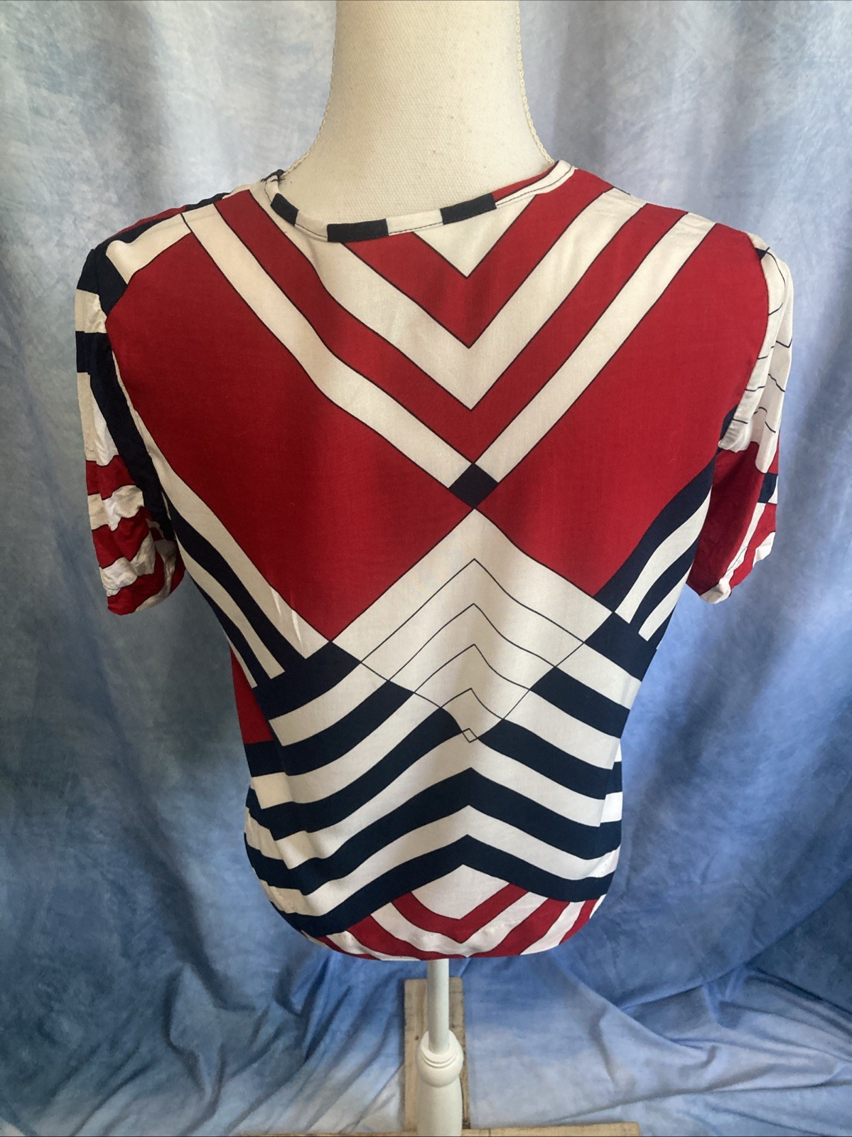 Vtg 80s 90s Blair Boutique Geometric Chevron Rayon Top Blouse XS Patriotic USA