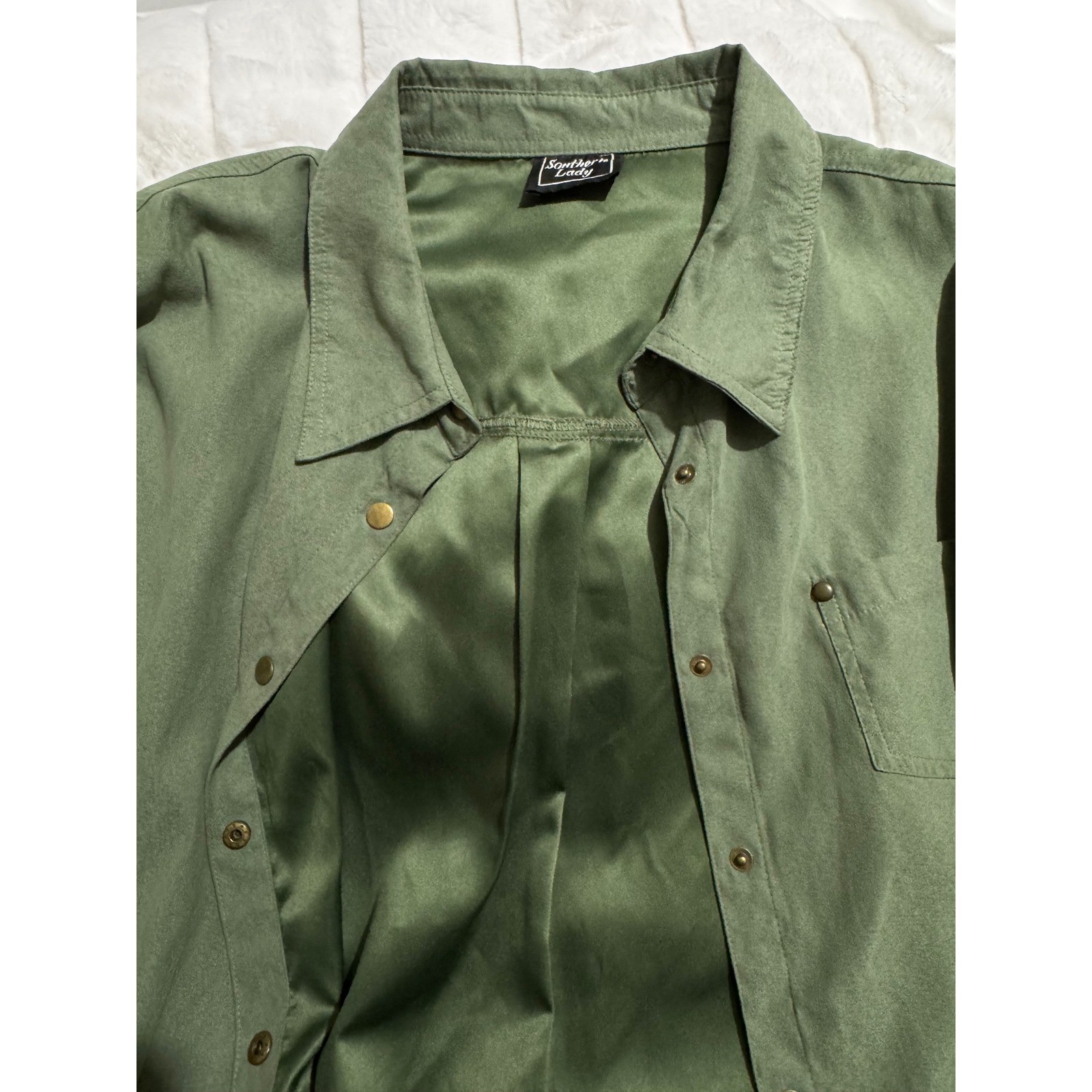 Southern Lady Sage Green Faux Suede Snap Front Shirt Jacket Womens Vintage XL